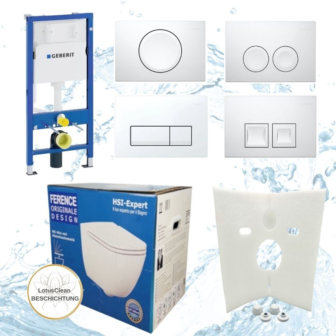 GEBERIT Vorwandelement WC Geberit Vorwandelement + Ference WC + Drückerplatte + WC-Sitz, Komplettset, Mit LotusClean Beschichtung