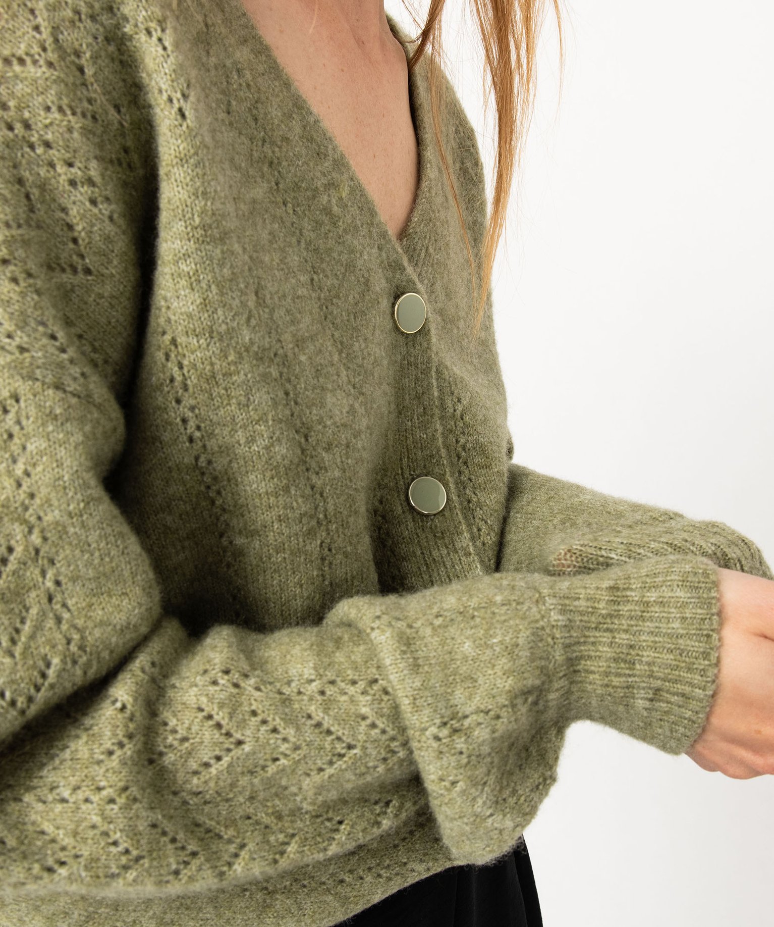 Gilet coupe droite en maille douillette ajourée femme vert | GEMO