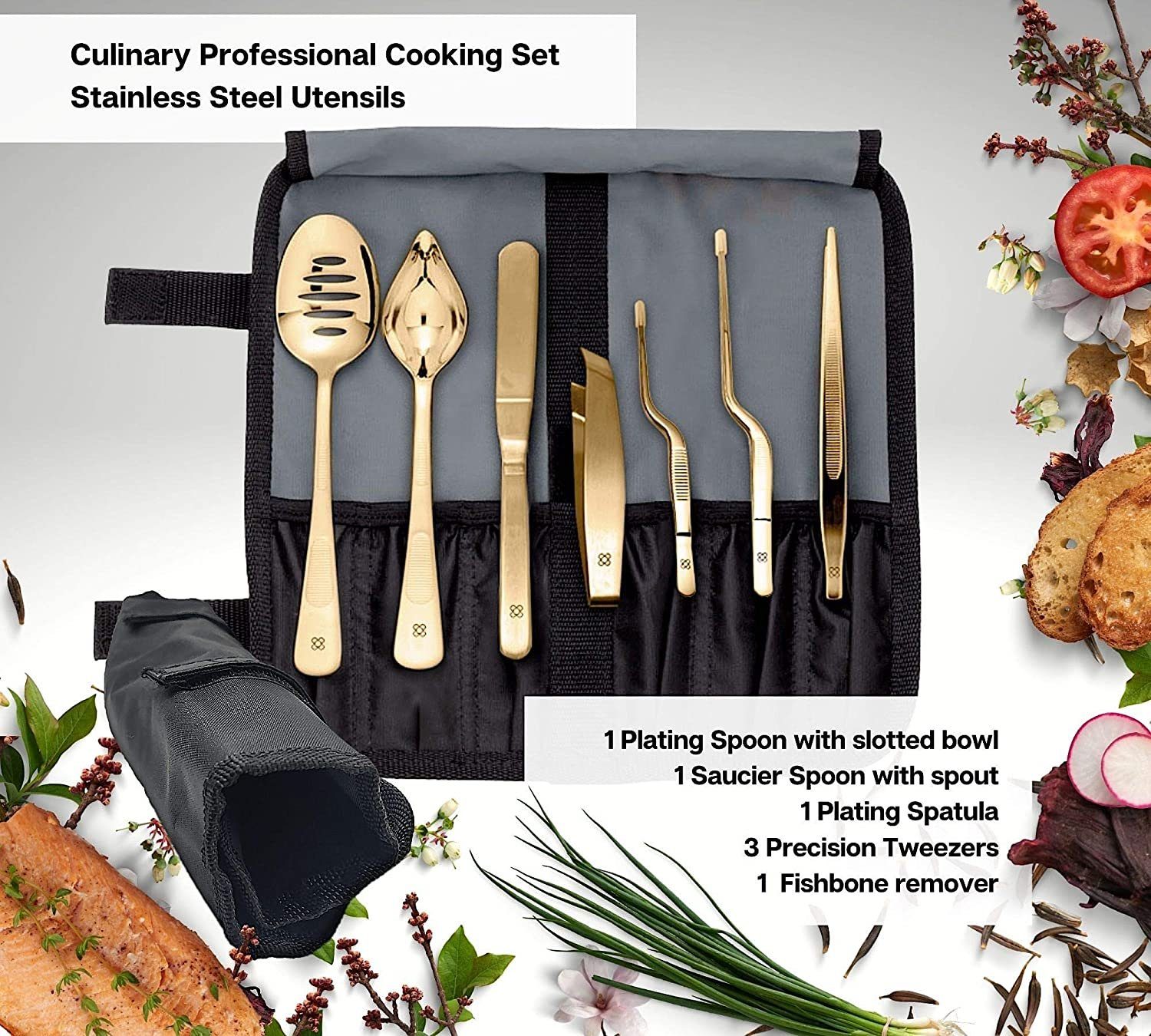 UE Stock Kochbesteck-Set Barcelona Küchen Chef Kochutensilien 7-teilig (Edelstahl Plating Kit Kuechen-Werkzeug Koch Set - Deko Garnieren Gadgets - PERFORIERTLÖFFEL - DEKOLÖFFEL - SPREIZSPACHTEL - FISCHKNOCHENENTFERNER-ZANGE - PRÄZISE PINZETTEN, 7-tlg