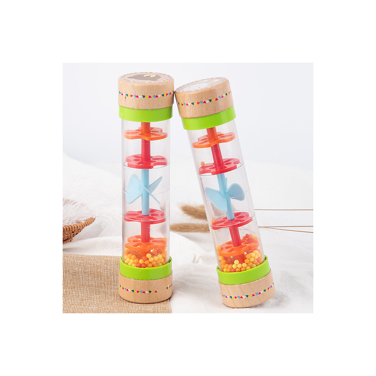 1PCS Rain Sound Tube Musik Früherziehung Musikinstrument Spielzeug 1PCS Regenbogenstab aus Holz für Kinder, simuliert Regengeräusche, Sanduhr-Quietscher Rhythmusinstrumente