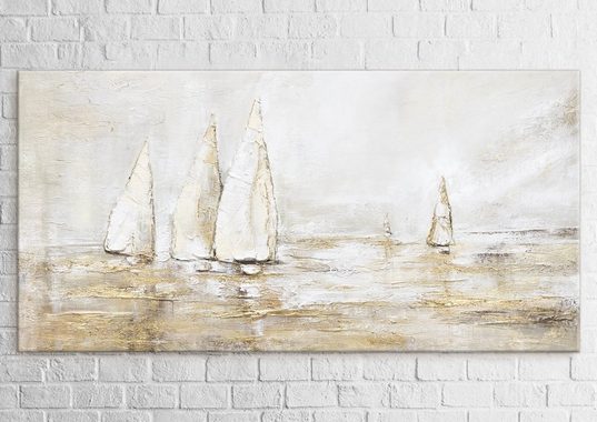 YS-Art Gemälde Sonnenblendung, Landschaftsbilder, Gold Segelboote Meer Wasser Leinwand Bild Handgemalt