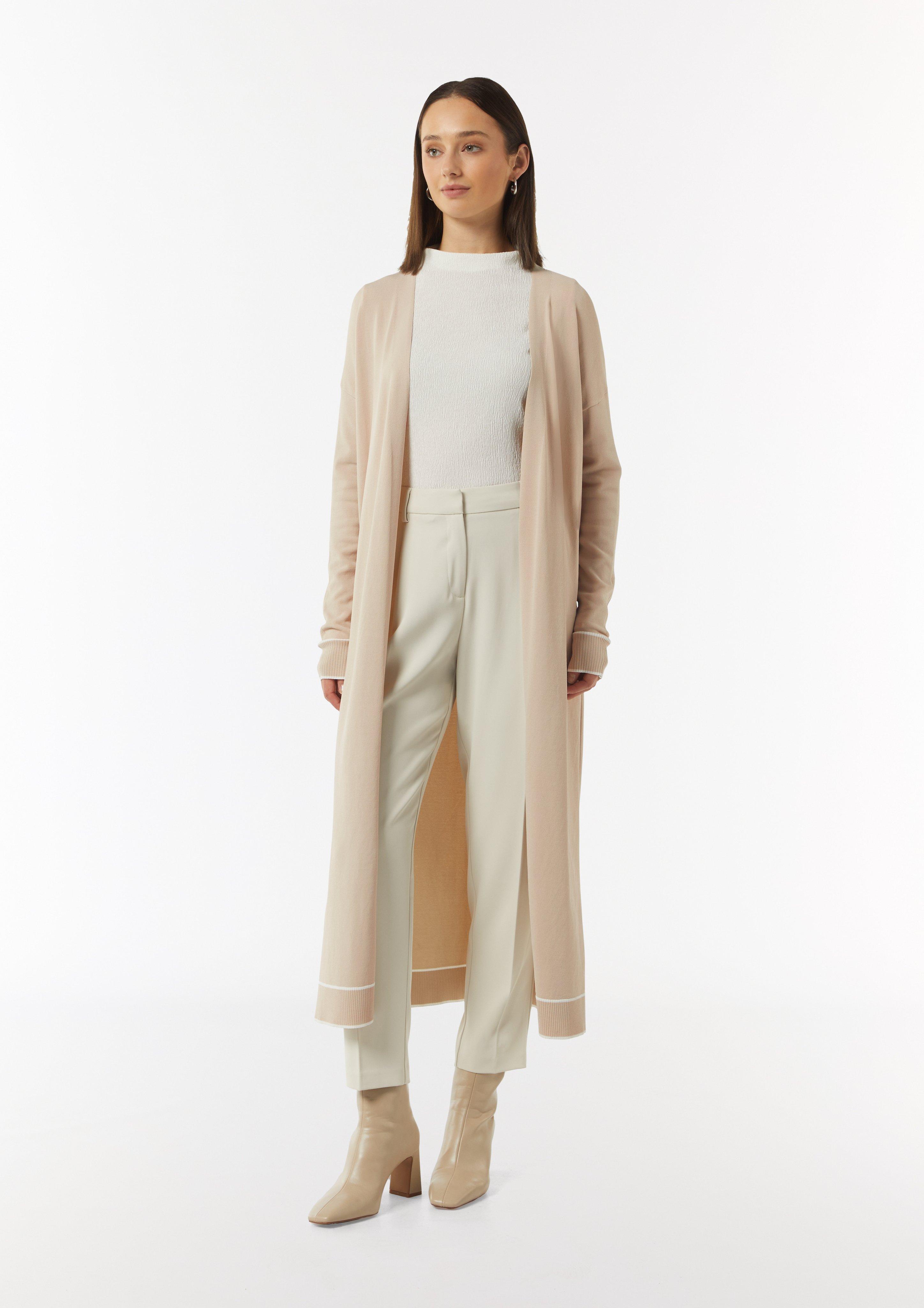 Long-Cardigan mit Kontrastdetails und seitlichen Schlitzen - beige