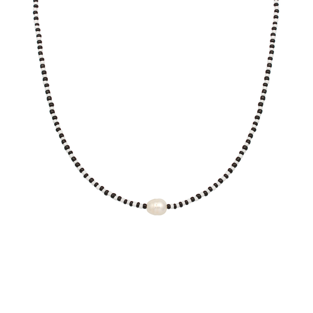 Elli Elli Collier Base Boules de Verre Noir Blanc Perles d'eau Douce Collier Femme  (9 collier