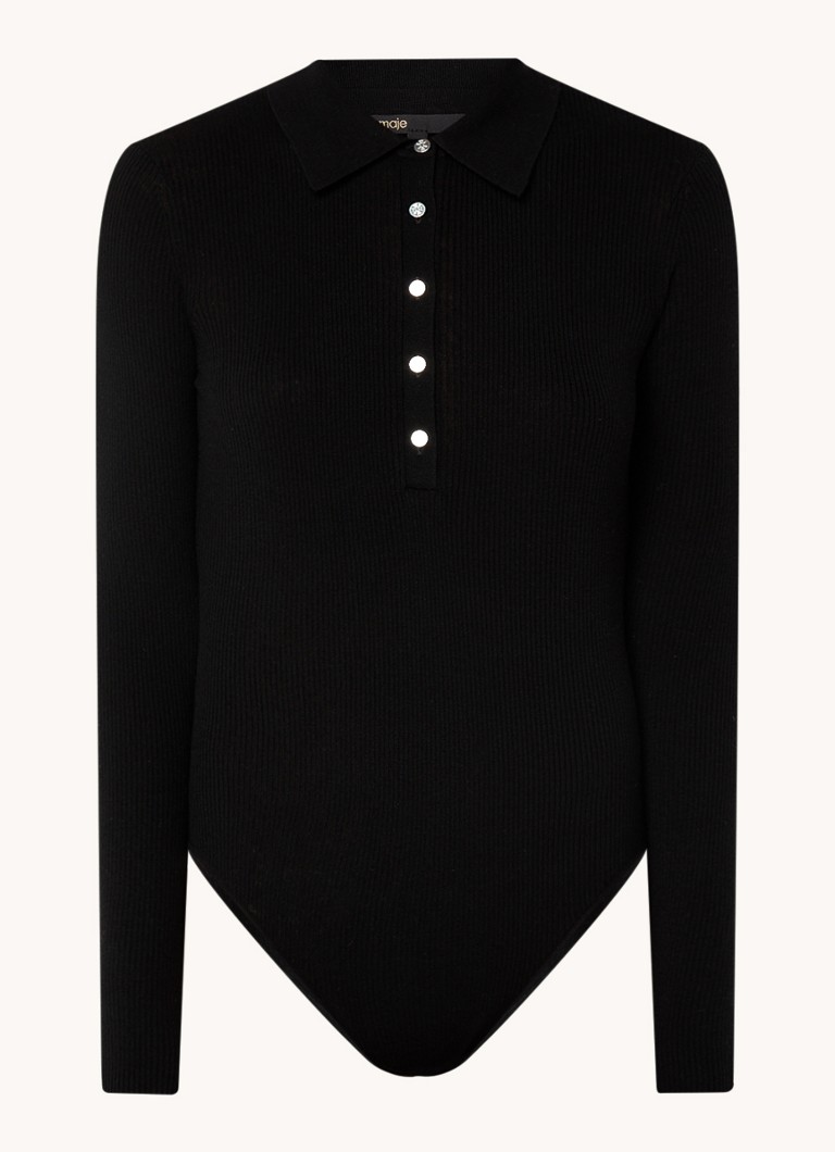 Maje Rib-knit bodysuit in silk blend with polo collar