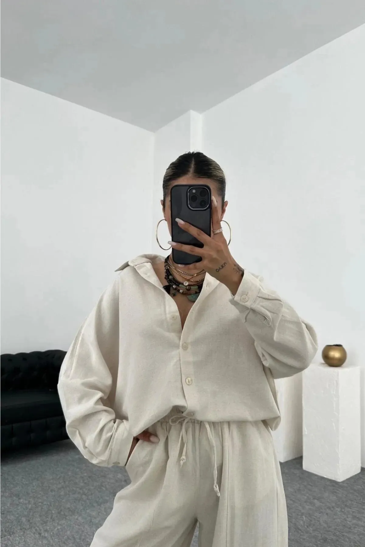 Laluvia  Taş Premium-Leinenhemd, Shalwar-Hose, Oberteil und Unterteil im Set