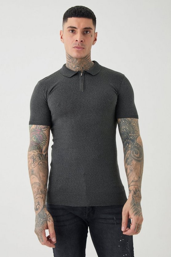 Tall kurzärmliges Muscle-Fit Poloshirt mit Reißverschluss