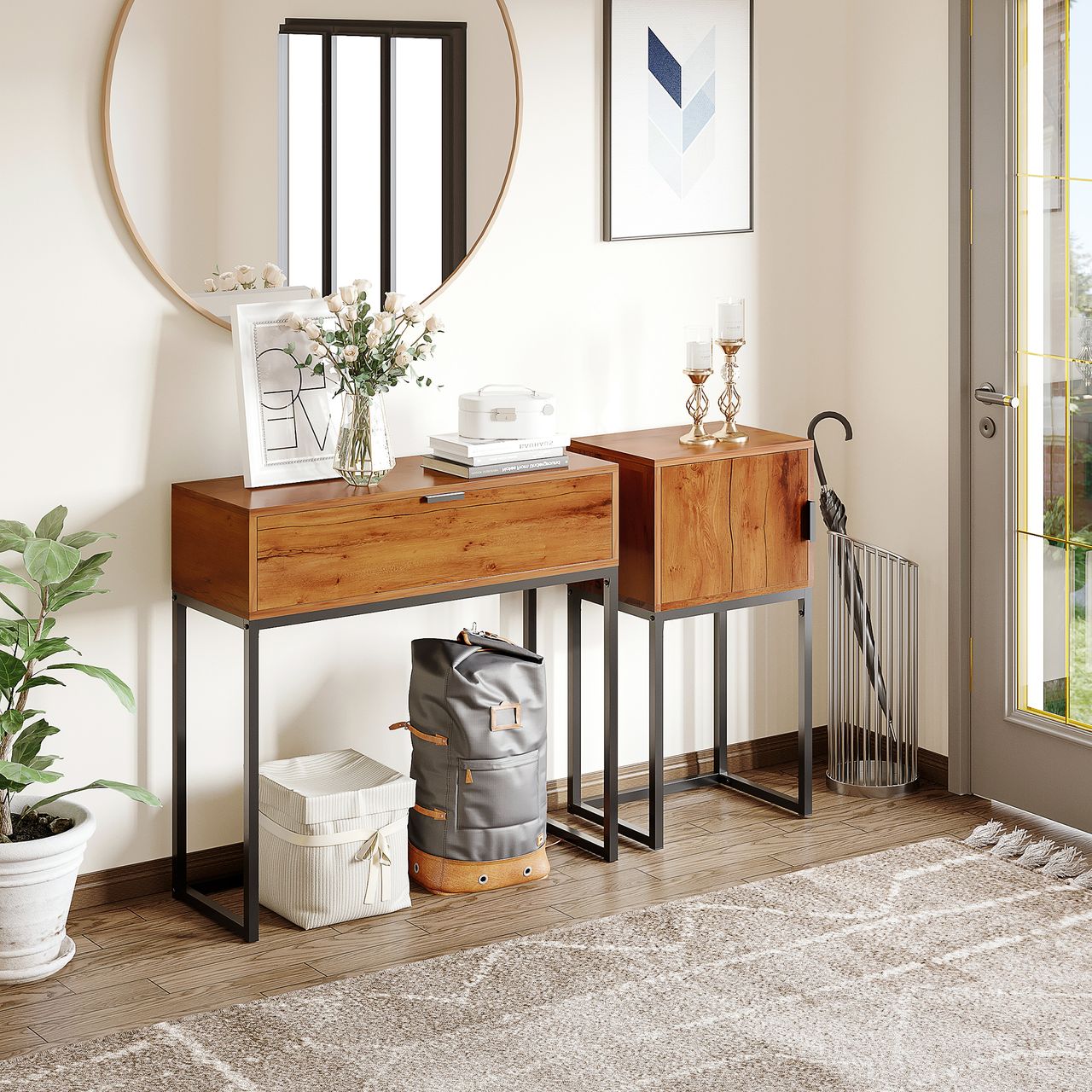HOMCOM Konsolentisch, Flurtisch mit Schrank, Sofatisch im Industriedesign Natur