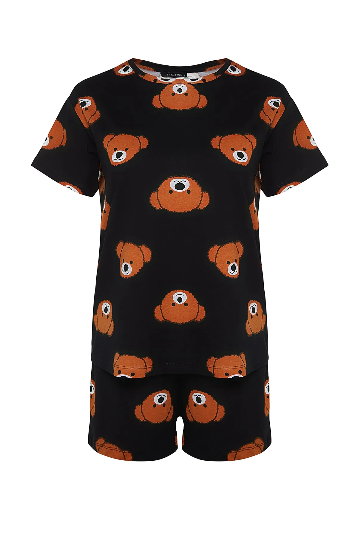 Trendyol Collection  Schwarzes Strickpyjama-Set mit T-Shirt und Shorts aus 100 % Baumwolle mit Teddybärmuster THMSS23PT00005