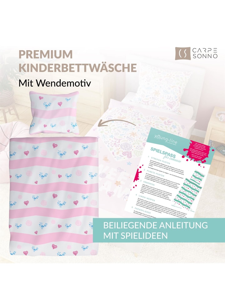 Carpe Sonno Kinder Bettwäsche Mädchen Herz   10 Spiele in Rosa günstig kaufen 135 x 200   80 x 80 cm