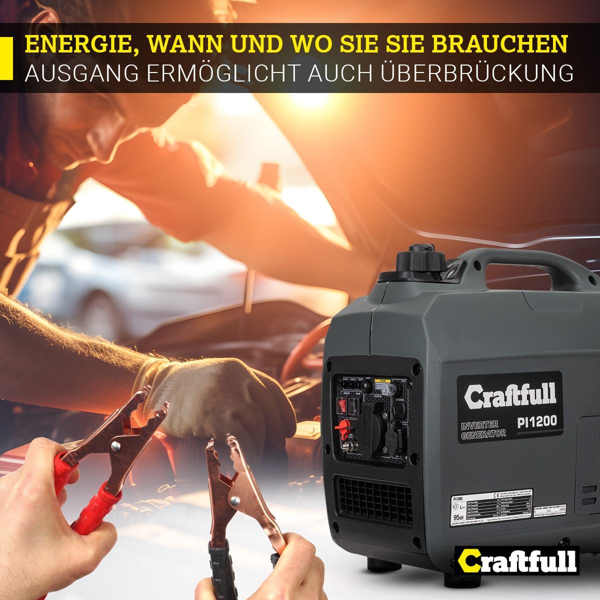Craftfull Stromerzeuger Stromgenerator Benzin Power Inverter PI1200/ PI2000, 1,50 in kW, (Stromerzeuger 2x Fast-Charge USB-Anschluss - 12 V/8,3 A - Eco Modus - Ölmangelschutz - reine Sinuswelle für sensible Elektronik, 1-tlg., Spitzenleistung 1200 W