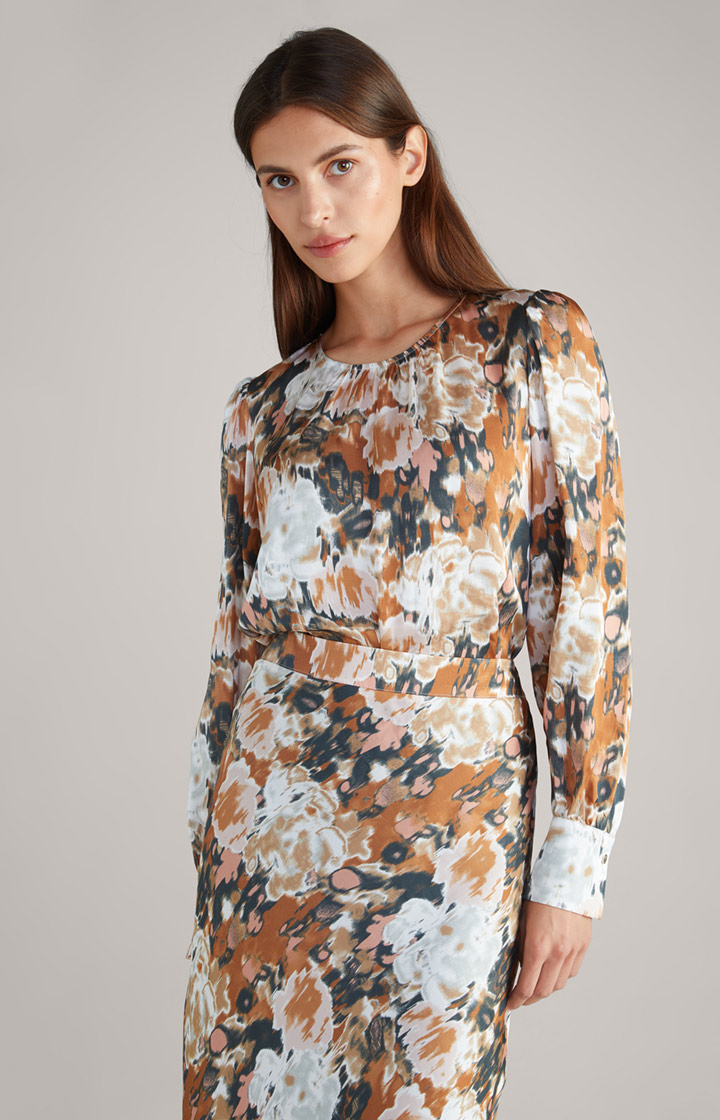 Satin-Langarm-Bluse in Braun/Schwarz/Ecru gemustert