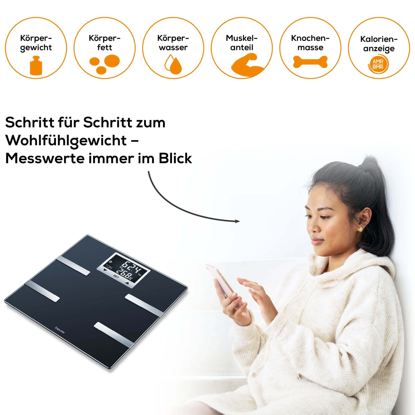 Beurer Diagnosewaage BF 720-Körperanalysewaage mit BMI Berechnung & App-Anbindung - bis 180 kg