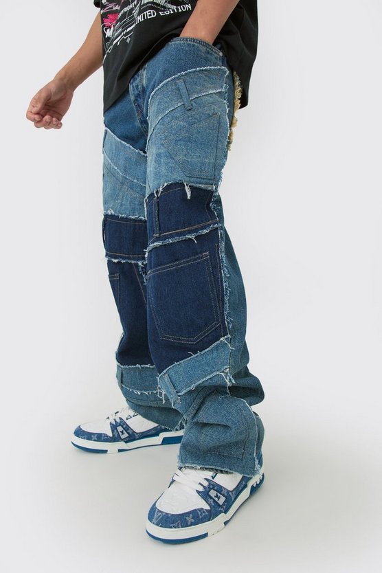 Lockere Patchwork Jeans in Blau