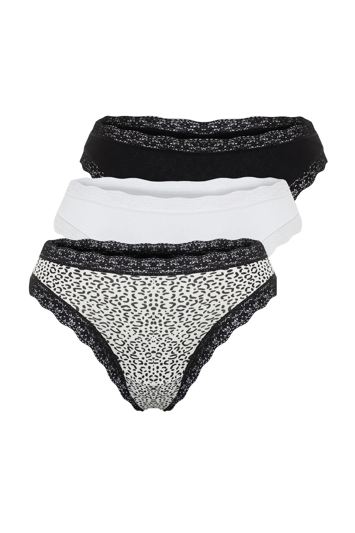 Trendyol Collection  Schwarz-Mehrfarbiges 3er-Pack Tanga-Strickhöschen aus Baumwollspitze mit detaillierten Details THMSS24KU00003
