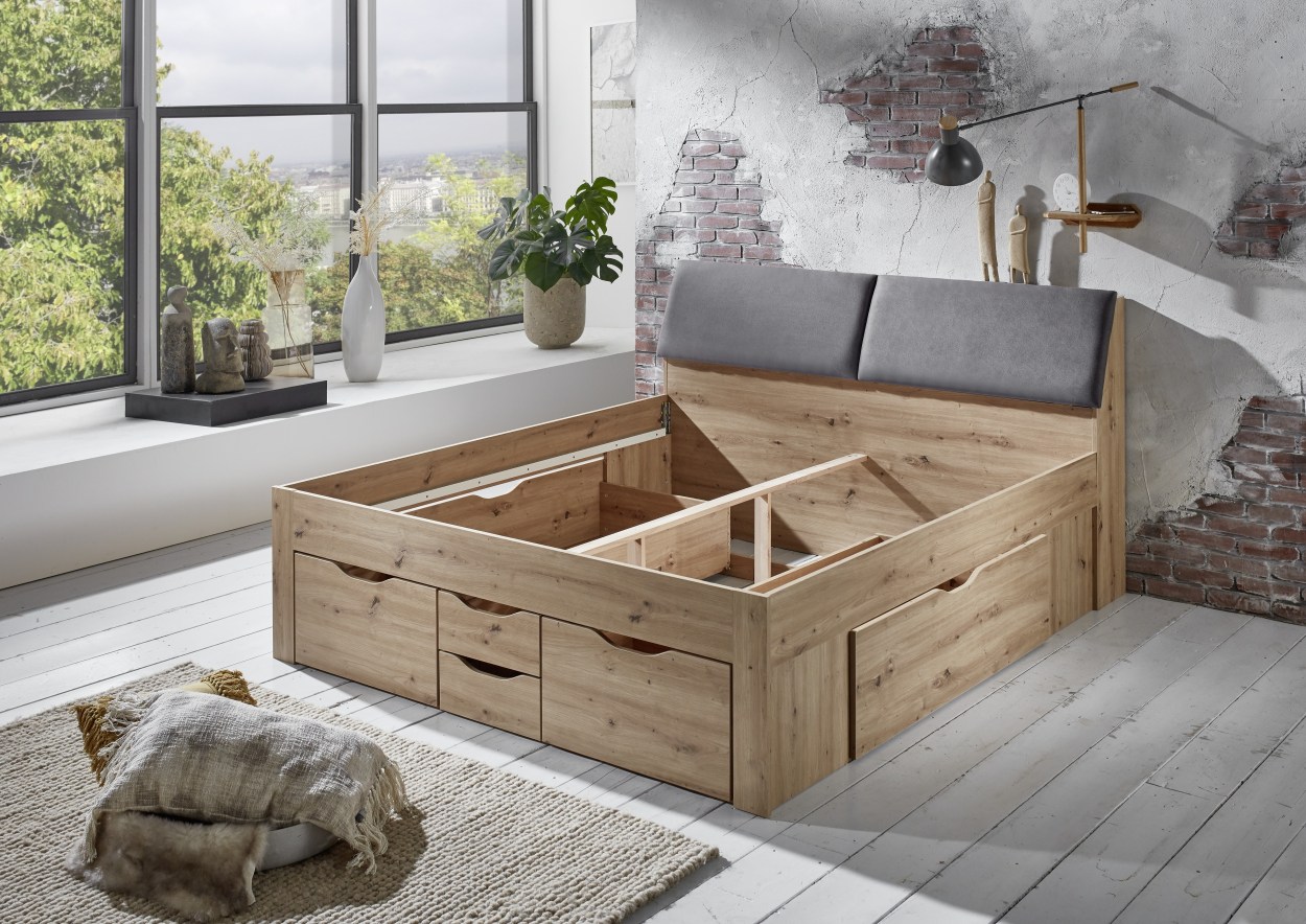 Relita Funktionsbett Maxi 180 x 200 cm, ohne Lattenrost mit 6 Bettschubladen und Stauraum-Polster-Kopfteil Eiche Artisan Dekor