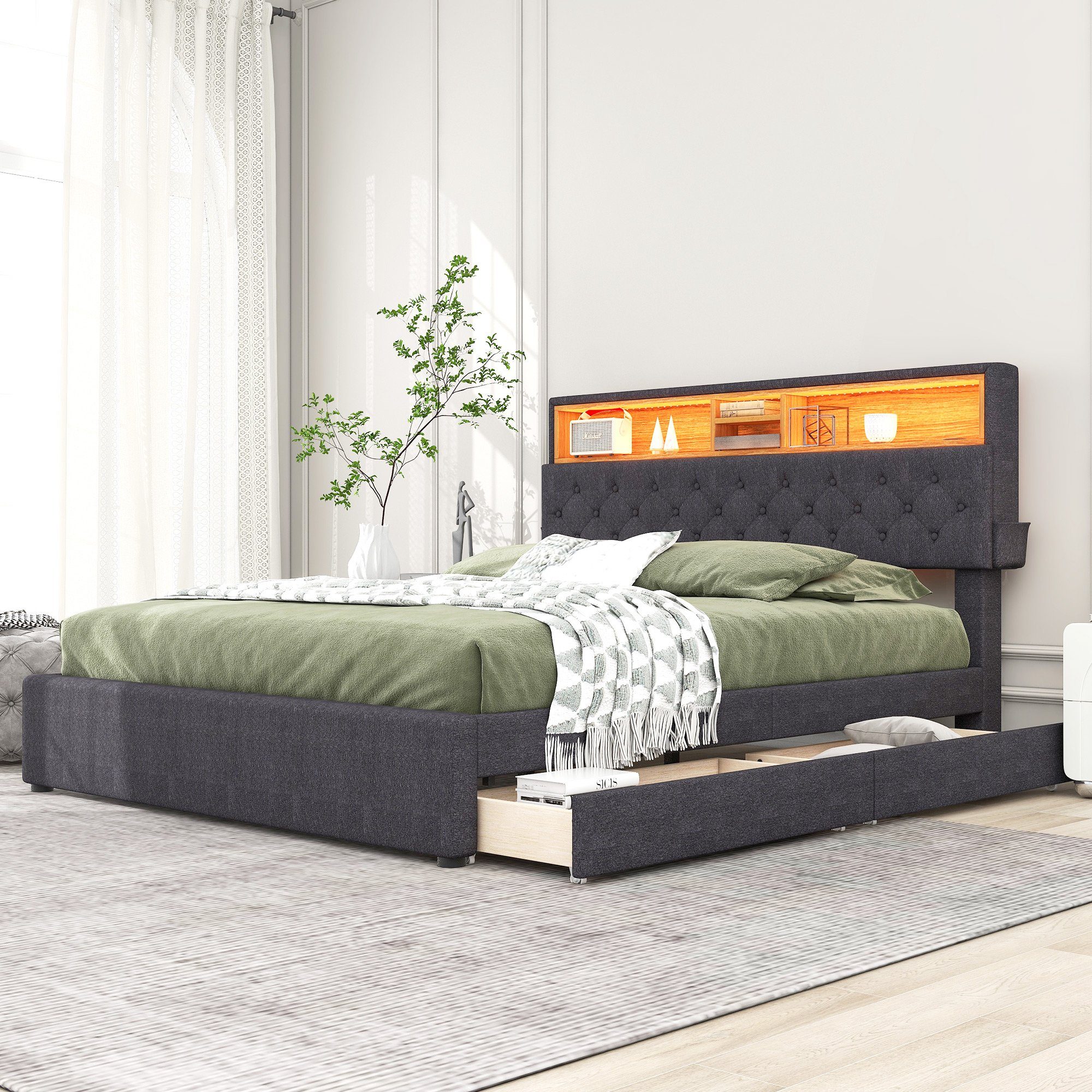 REDOM Polsterbett LED Doppelbett USB Steckdose Schubladen 140x200cm