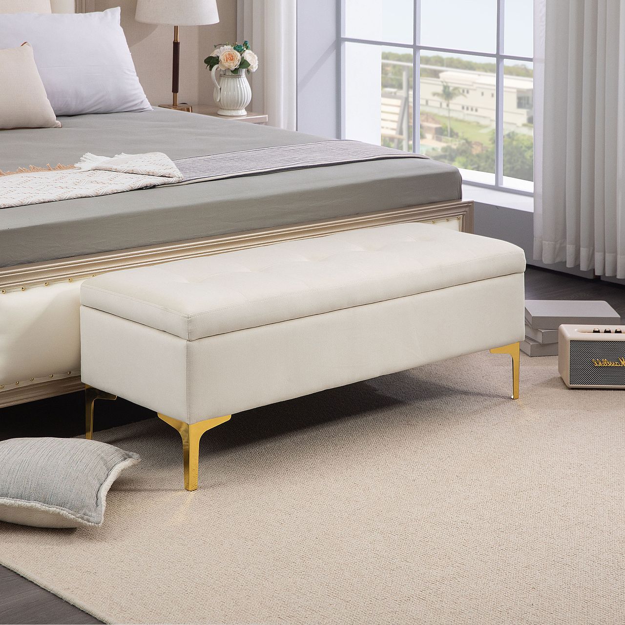 HOMCOM Sitzbank mit Stauraum, Polsterbank mit Samtoptik, Metallbeine, Beige