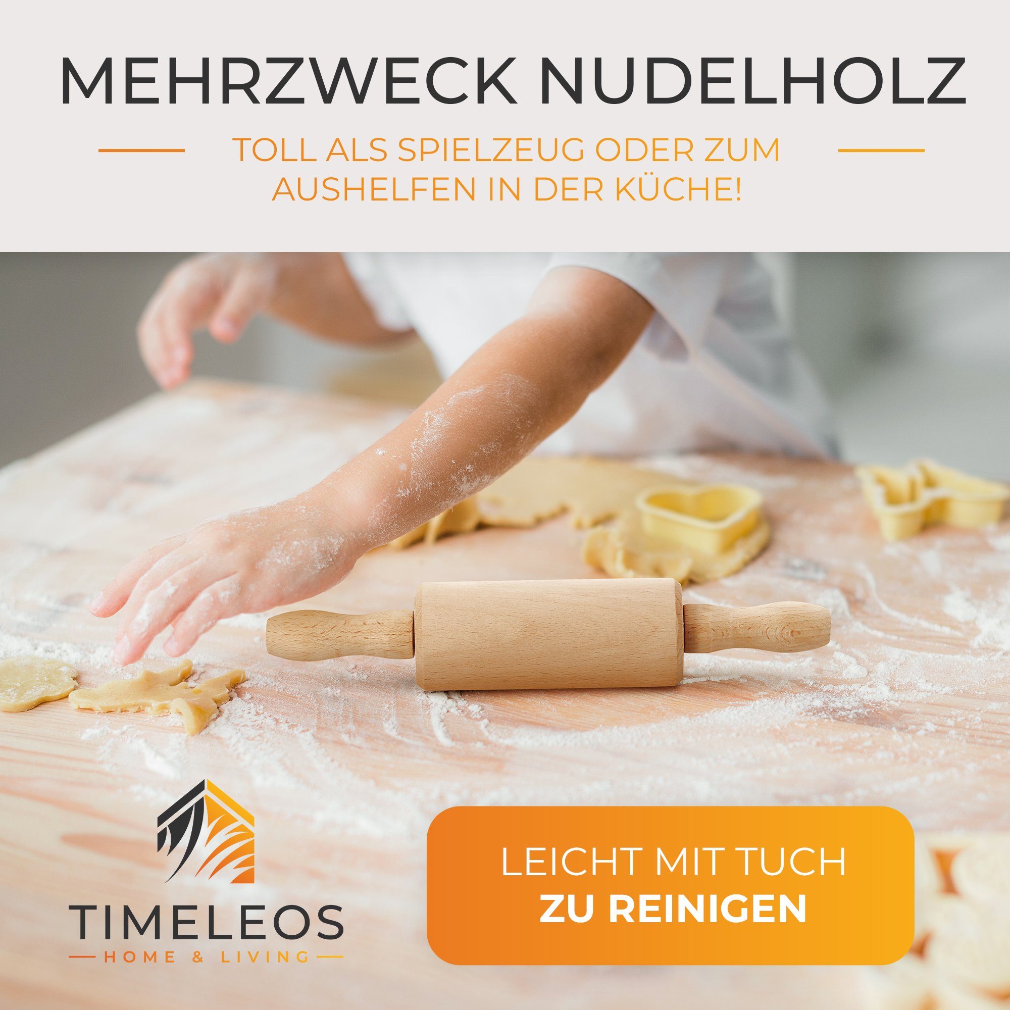 TIMELEOS Nudelholz mit Metallachse - Teigroller - Backrolle aus Buchenholz Teigrolle Buchenholz, (1-tlg), Holz Natur nachhaltig
