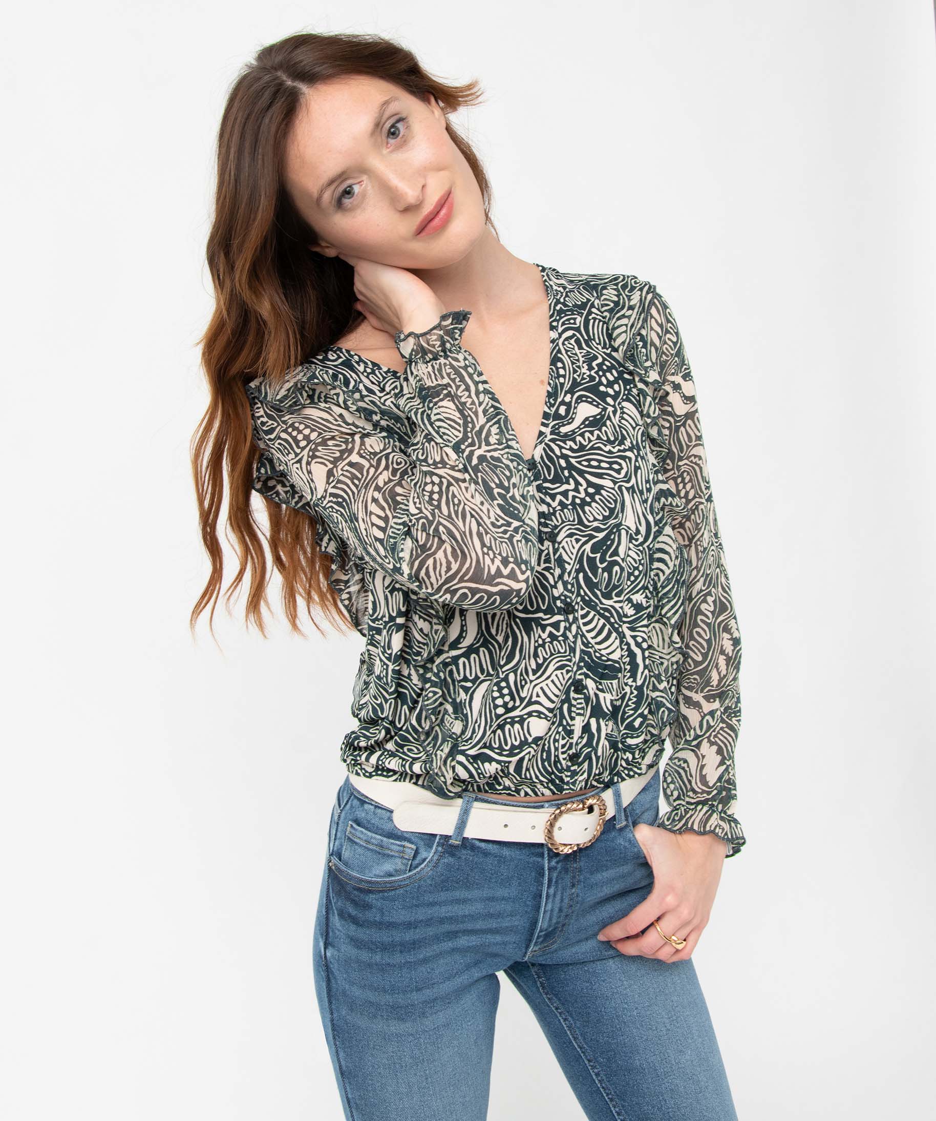 Tee-shirt femme imprimé à manches longues en voile et volants vert | GEMO