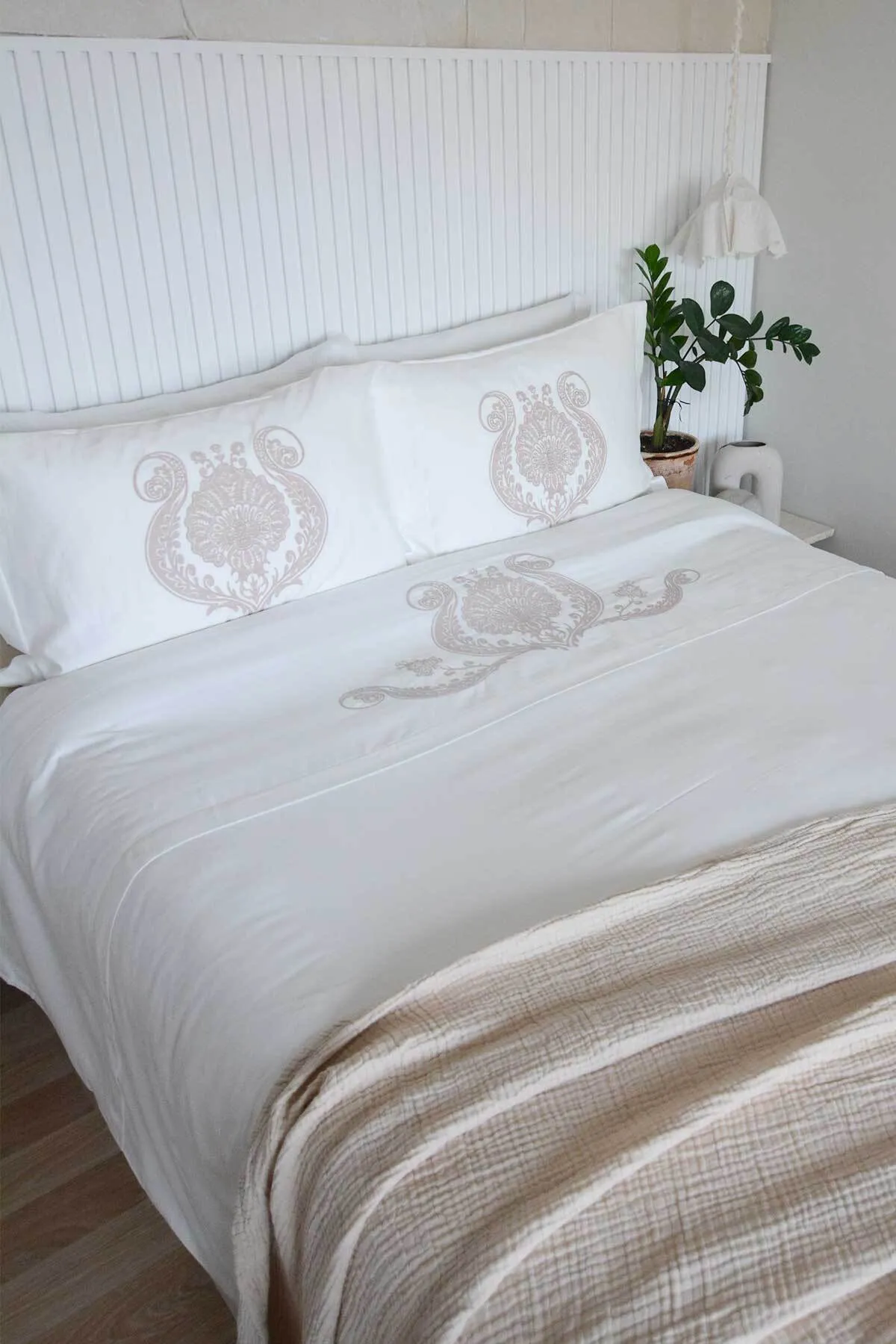 Elart  Bettbezug-Set für Doppelbett, King-Size-Bett, Baumwollsatin, bestickt, 3-teilig, Enora, Ecru