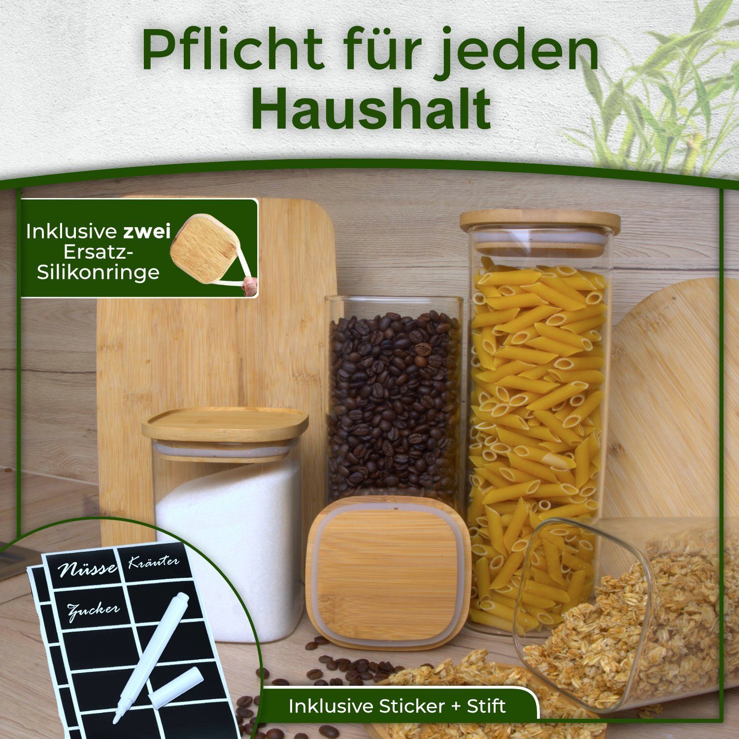 LÜNIC Vorratsglas Vorratsbehälter Glasbehälter Vorratsdosen, Borosilikatglas, Holz, Silikon, (4-tlg), mit Bambusdeckel, eckig