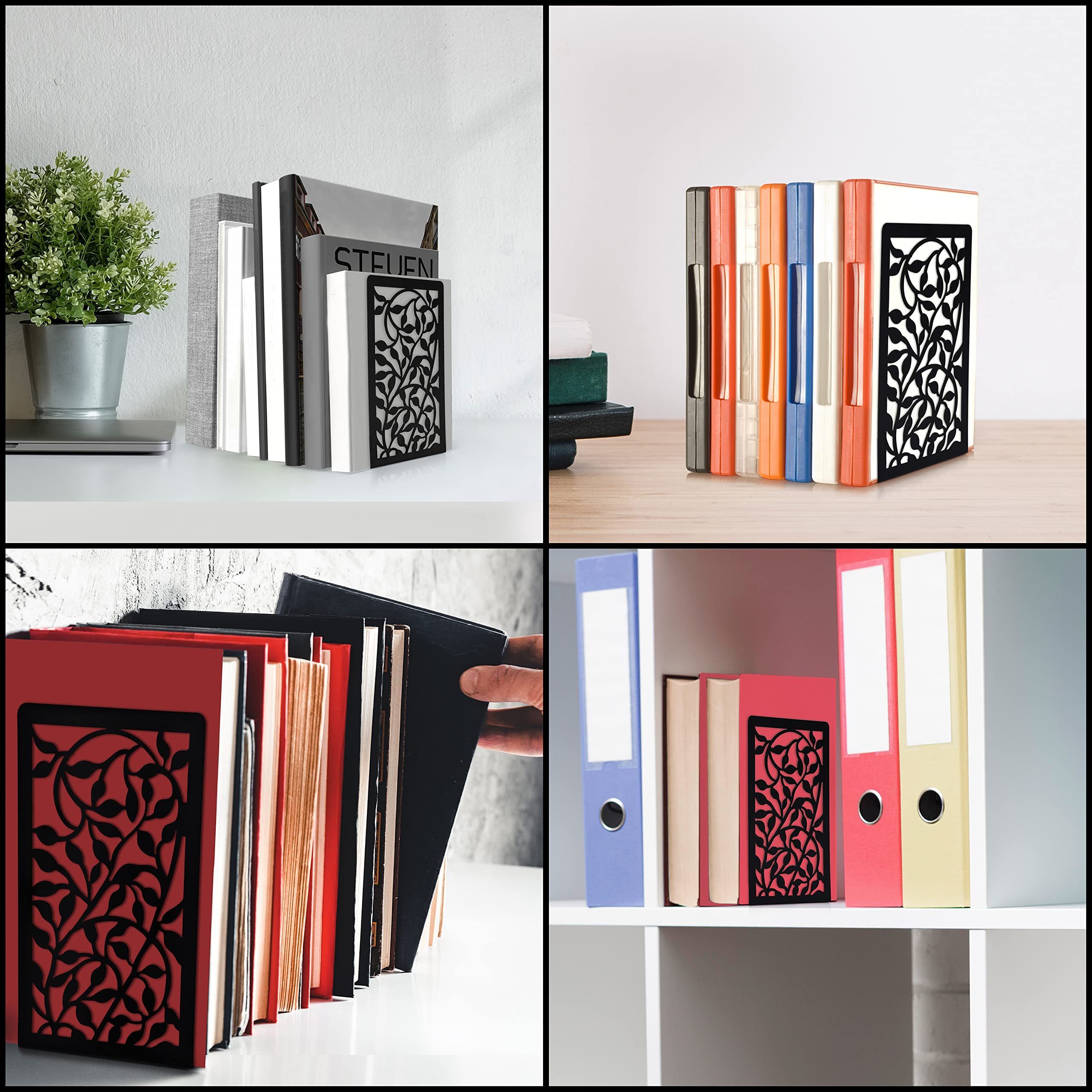 Belle Vous Zeitungsständer Schwarze Metall-Buchstützen mit Blumenmuster, Black Metal Bookends with Flower Pattern
