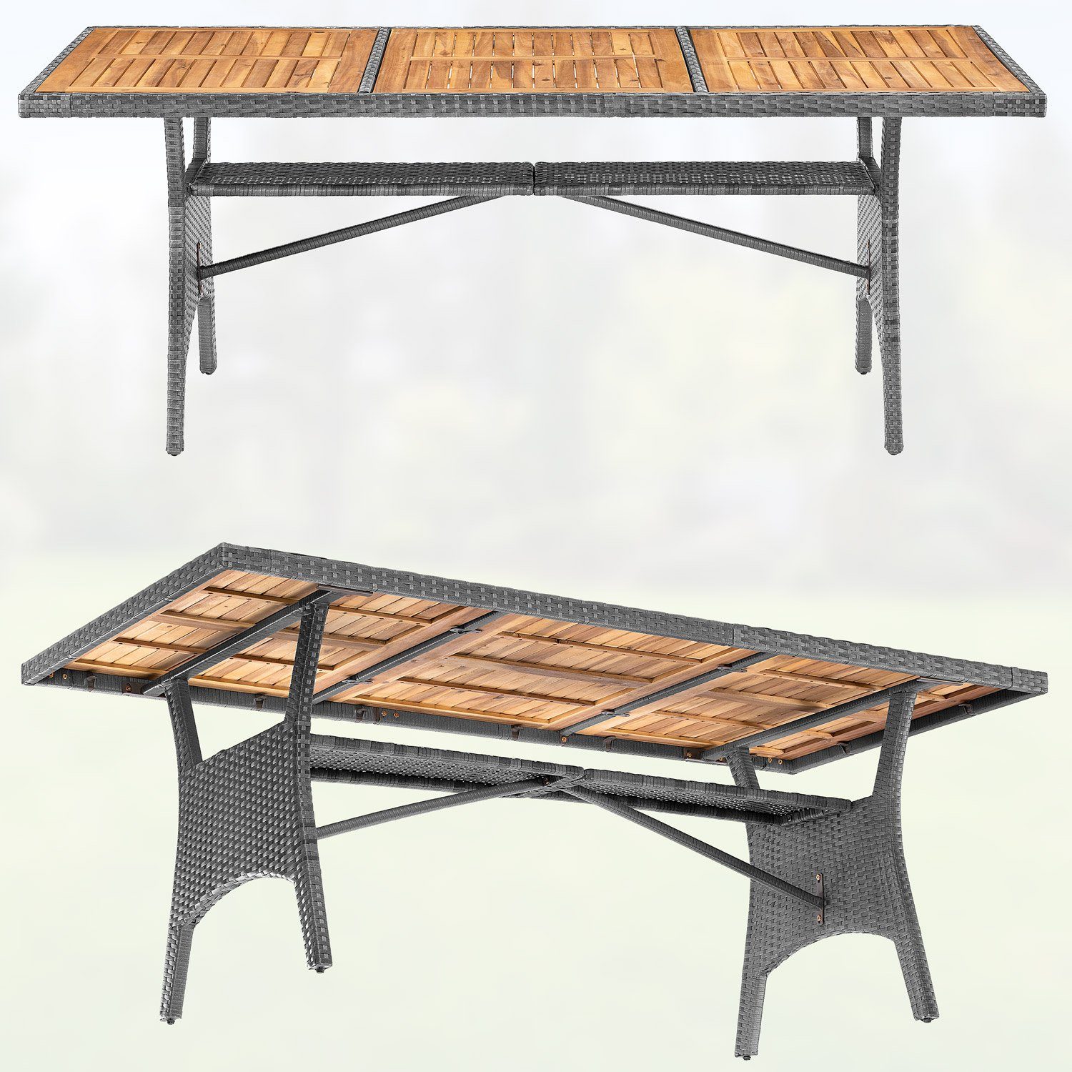 Casaria Gartentisch (1-St), Polyrattan mit Ablage FSC®- zertifiziertes Akazienholz 190x90x74cm