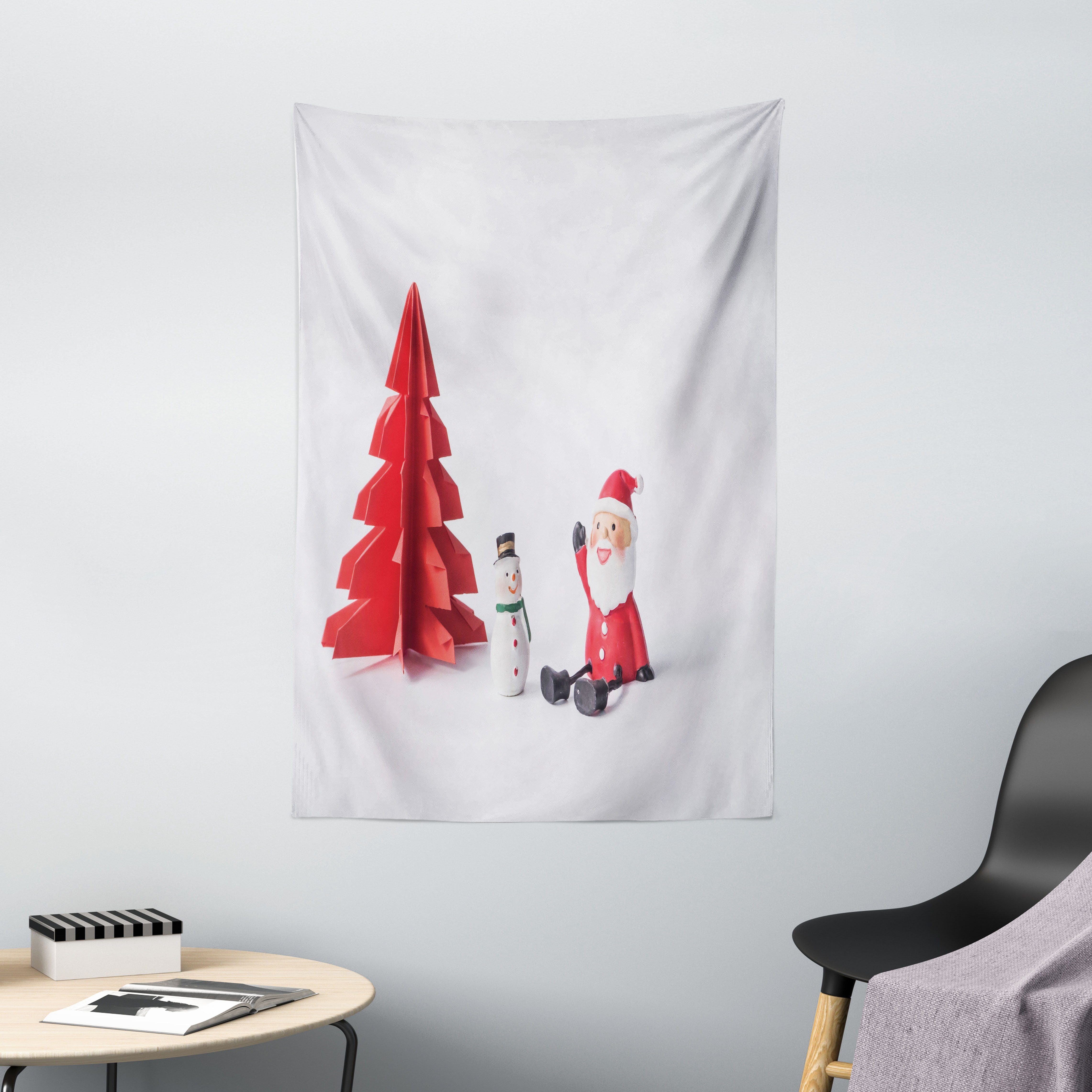 Wandteppich Wohnzimmer Schlafzimmer Wandtuch Seidiges Satin Wandteppich, Abakuhaus, rechteckig, Schneemann Papier-Schnitt Weihnachtsmann und Baum