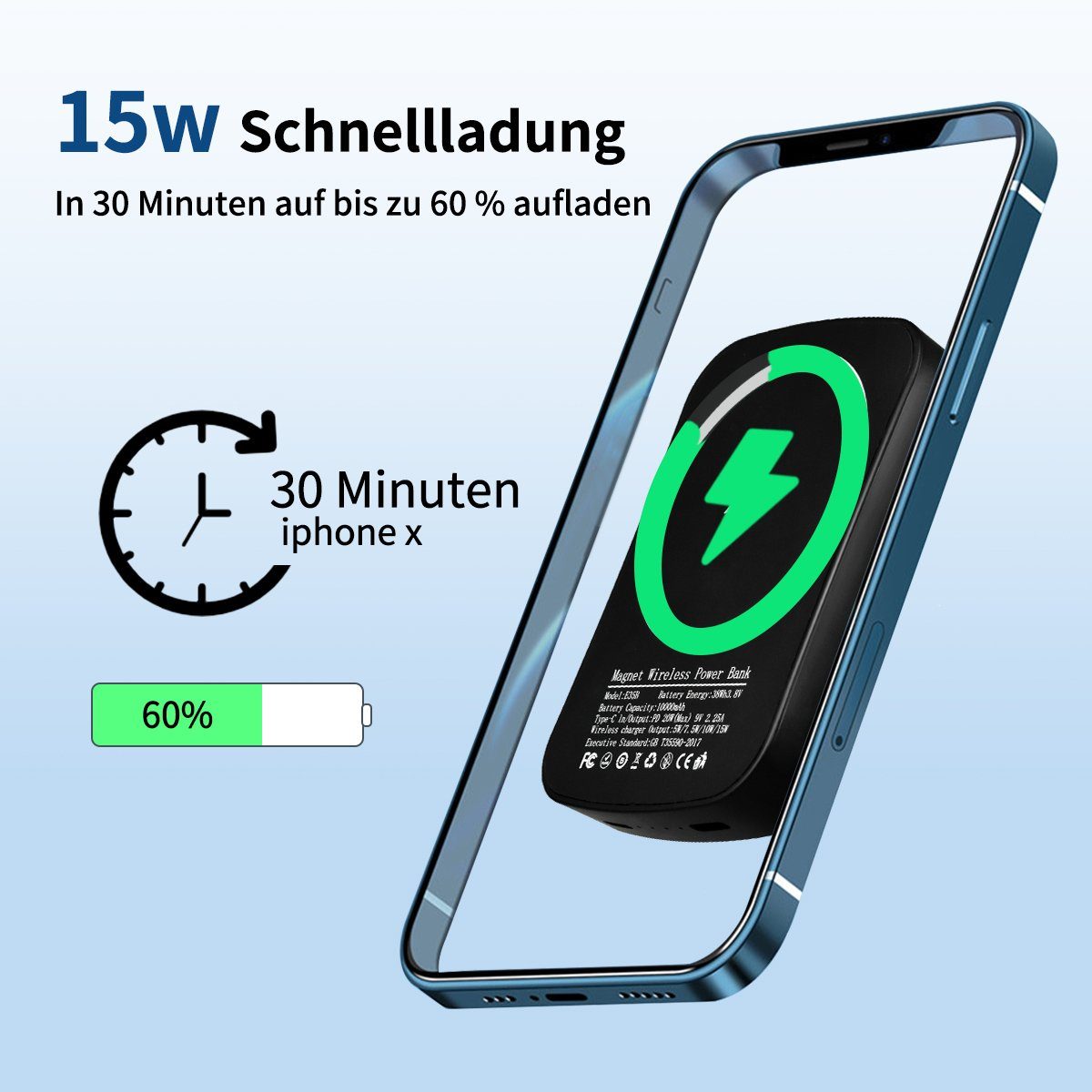 7Magic QC 15W PD 20W Powerbank 10000 mAh, magnetisches Ladegerät für iPhone 14/13/12/11/Pro/Max/XS/XR/X/8/Plus