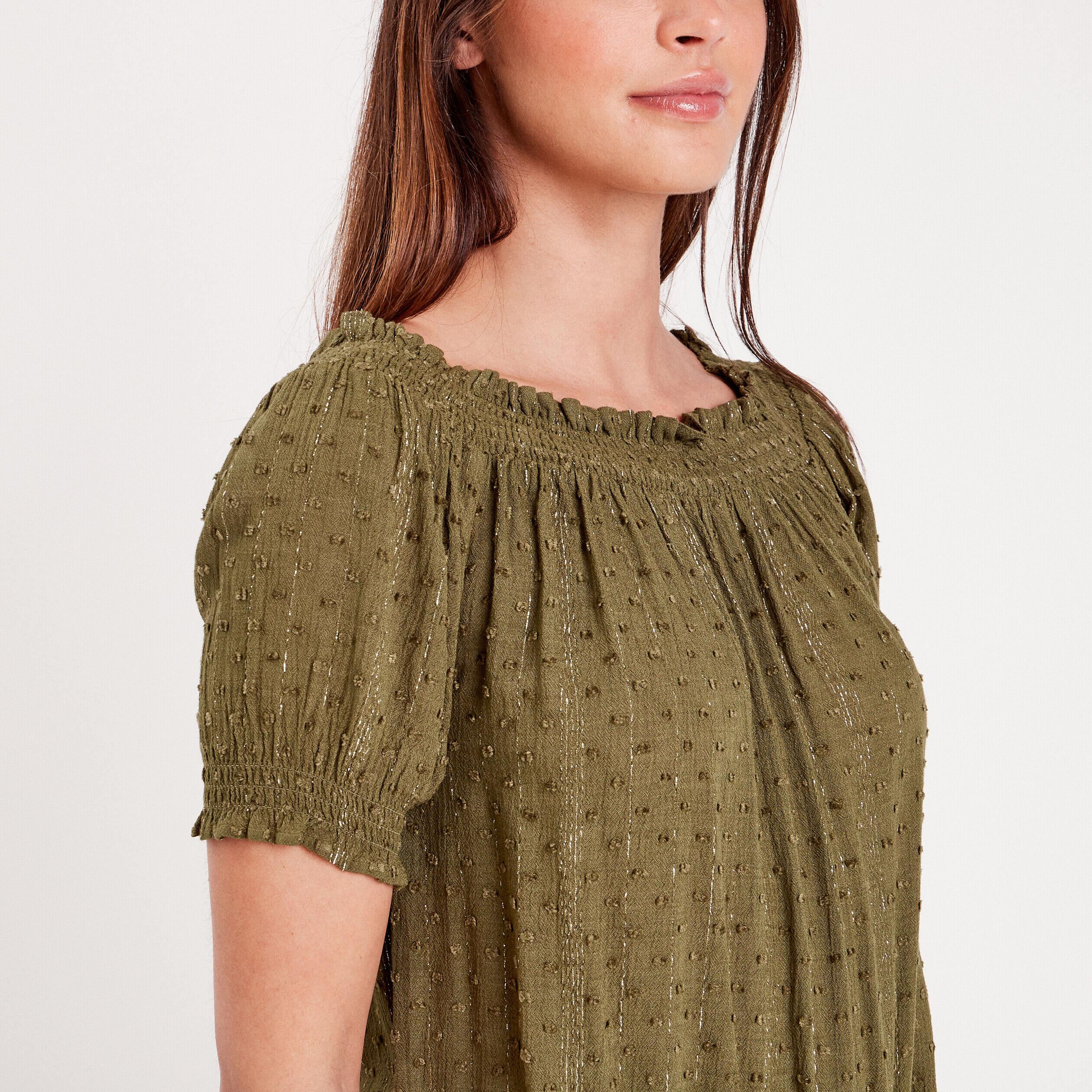 Blouse manches courtes à col bardot vert foncé femme | Cache Cache