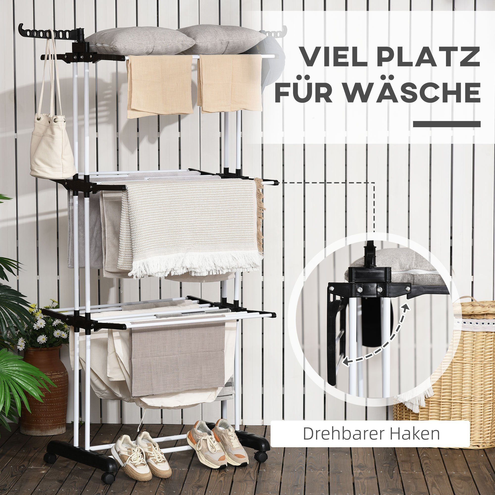 HOMCOM Wäscheständer Wäschetrockner Turmwäscheständer Standtrockner mit 4 Ebenen, Stahl Schwarz 73 x 45,5 x 177cm
