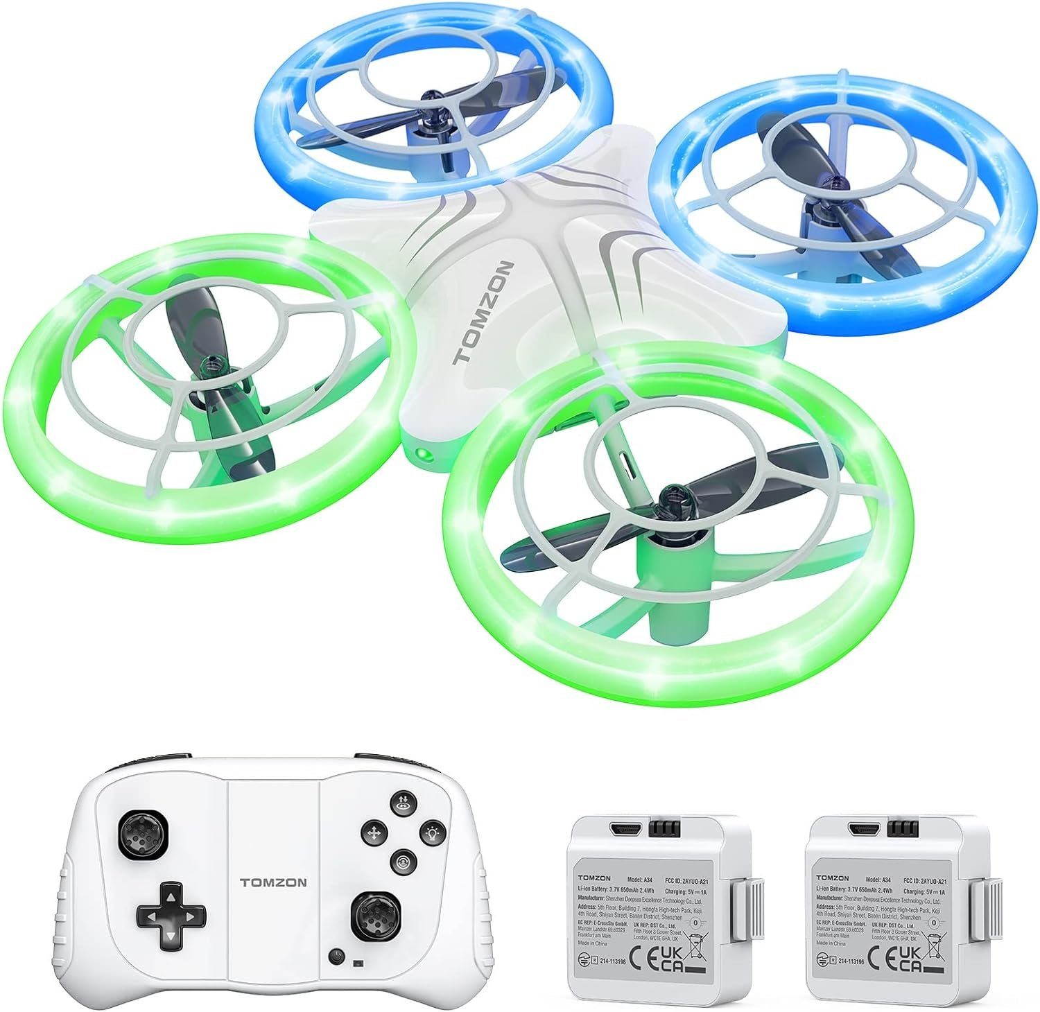 Tomzon Mini Drohne für Kinder, Blauen und Grünen LED Lichter Drohne (Fliege mit Leichtigkeit: 2 Akkus, 3D-Flip, Kopflos-Modus, für Anfänger)