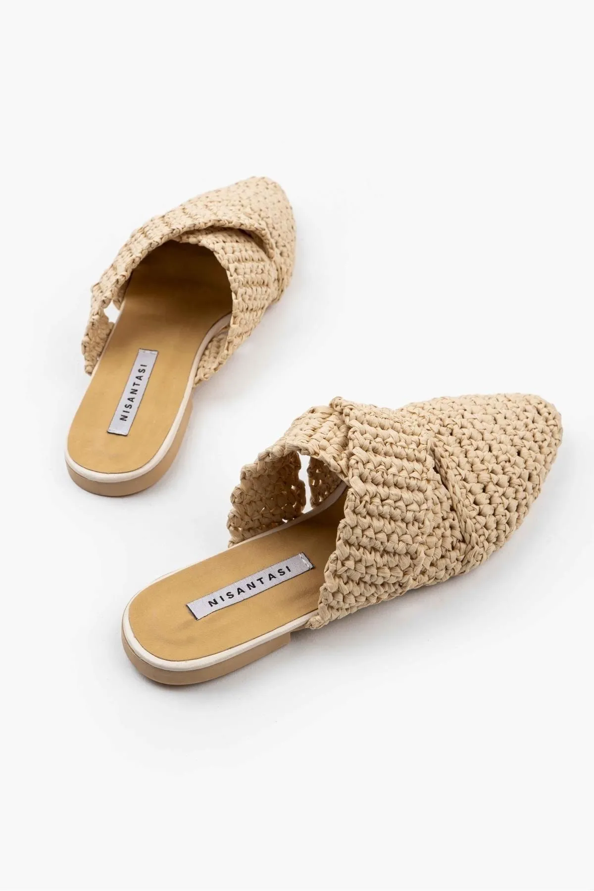 NİŞANTAŞI SHOES  Laila Beige Damen-Hausschuhe mit gestricktem Kreuzriemendetail