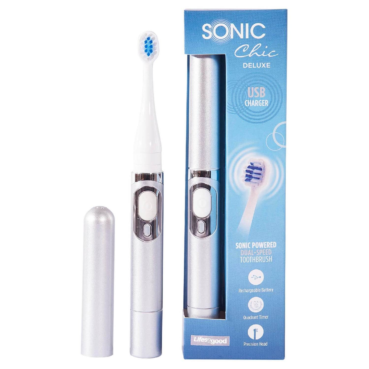 Sonic Chic Elektrische Zahnbürste Delux wiederaufladbare Reise-Schallzahnbürste., Aufsteckbürsten: 2 St.