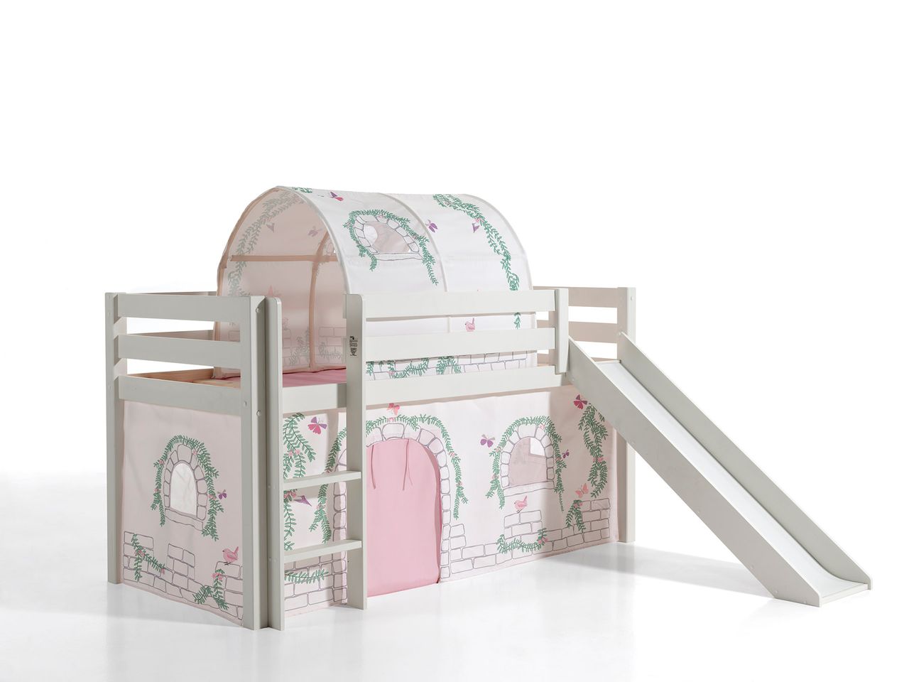 VIPACK Spielbett Pino inkl. Rutsche mit Textilset Vorhang und Tunnel 