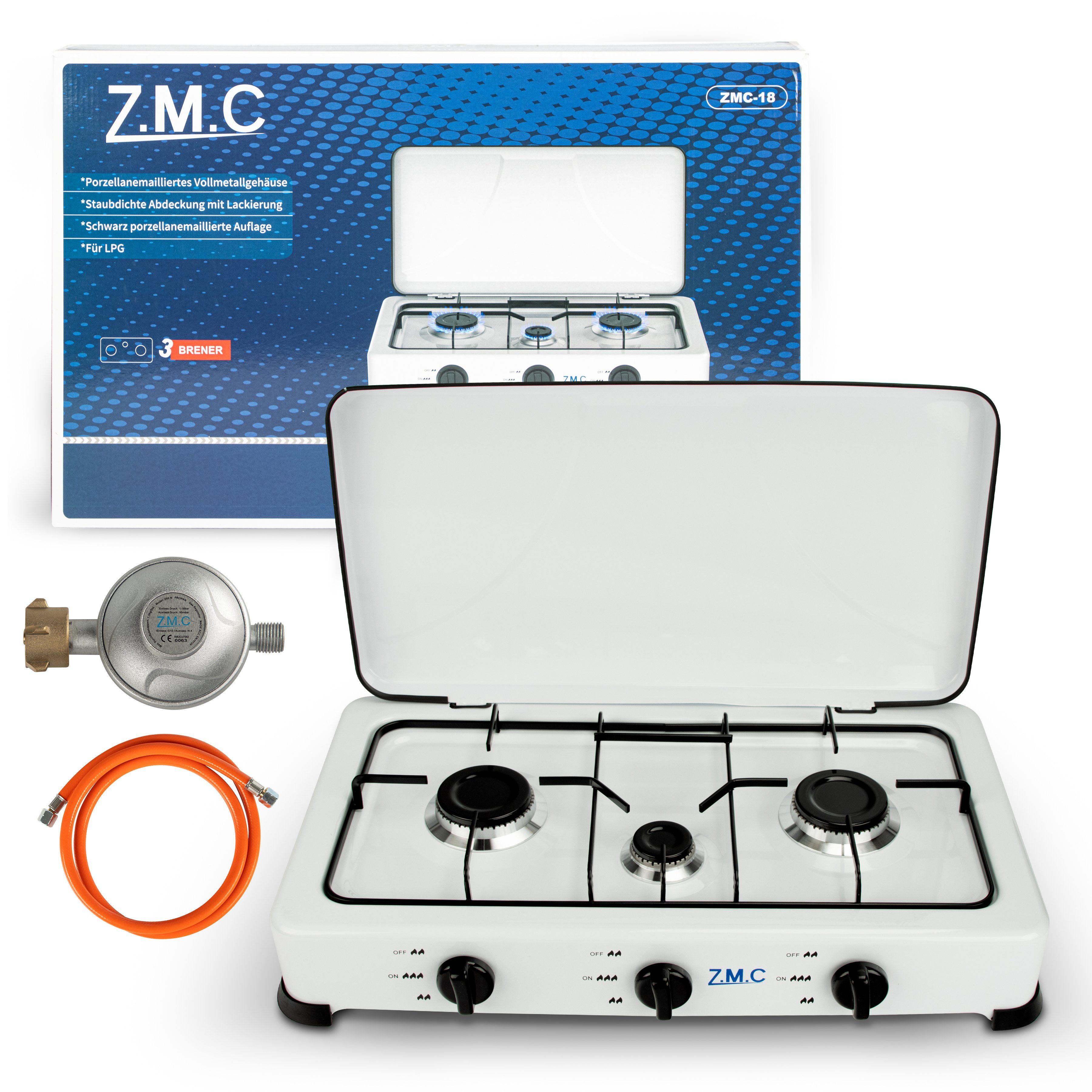 ZMC Gaskocher Tragbarer Gaskocher Campingkocher 3-flammig inkl. Schlauch und Regler, 5,4 kW 50 mBar Outdoor Gasherd Kochfeld Herd Propangas Tischkocher