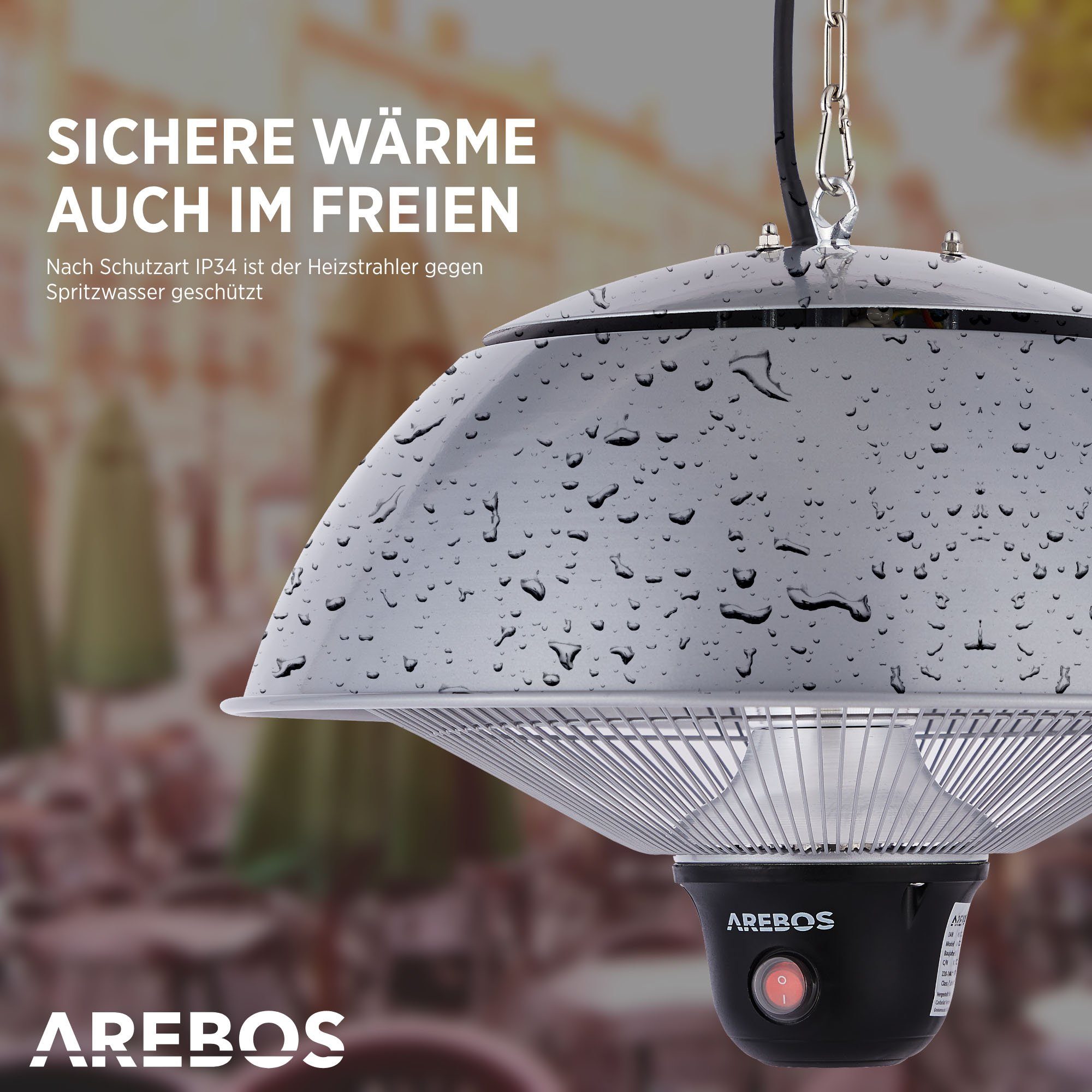 Arebos Heizstrahler Decken-Heizstrahler, Balkonheizer, 3 Heizstufen 500/1000/1500 W, Deckenstrahler
