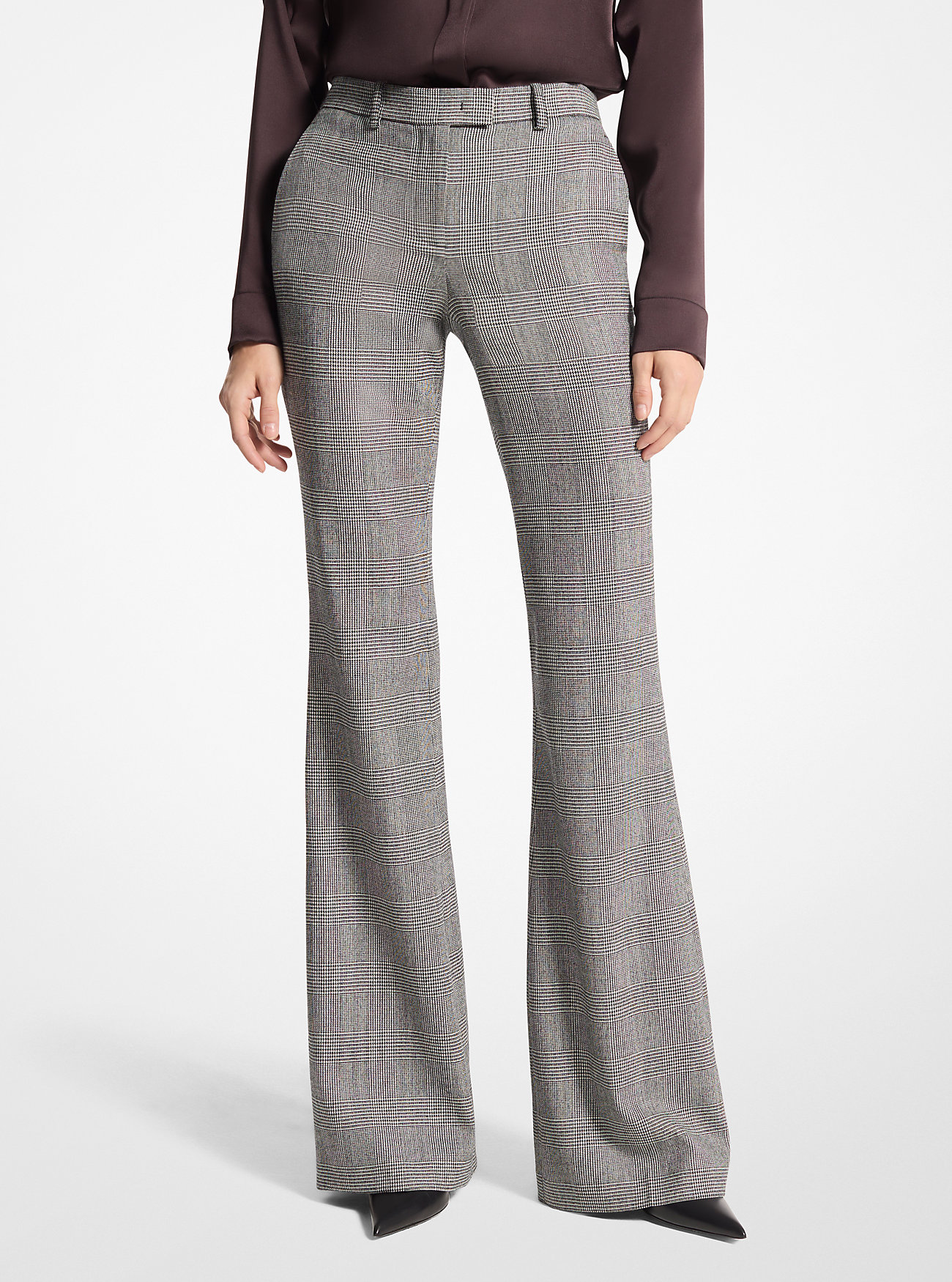Haylee Glen Plaid Stretch Wool Flannel Flared Trousers - BLACK/WHITE