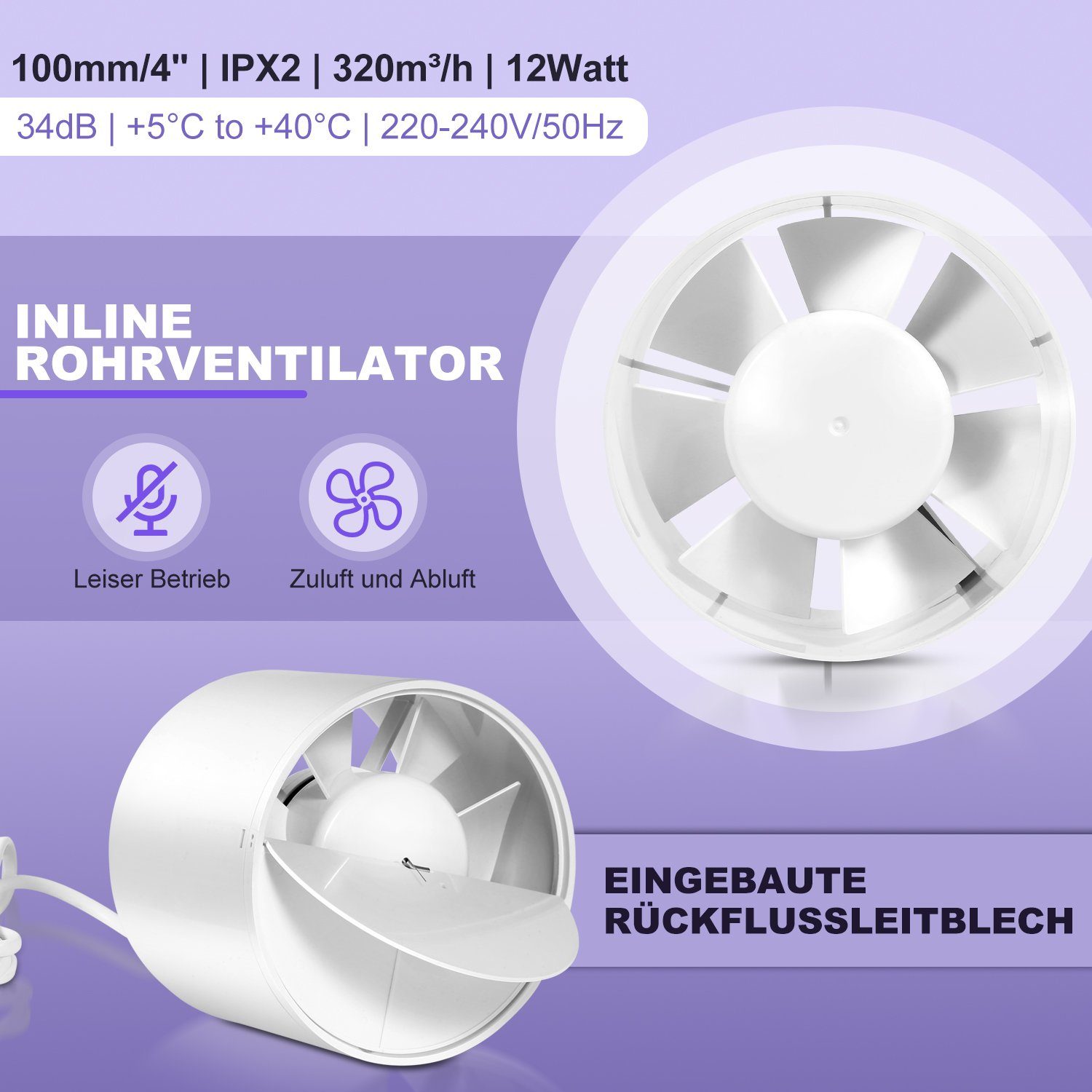 Gimisgu Wandventilator Rohrventilator Ø100mm/150mm Inline-Abluftventilator mit Rückstauklappe