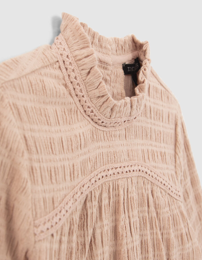 Blouse rose gaufrée avec tulle au col fille