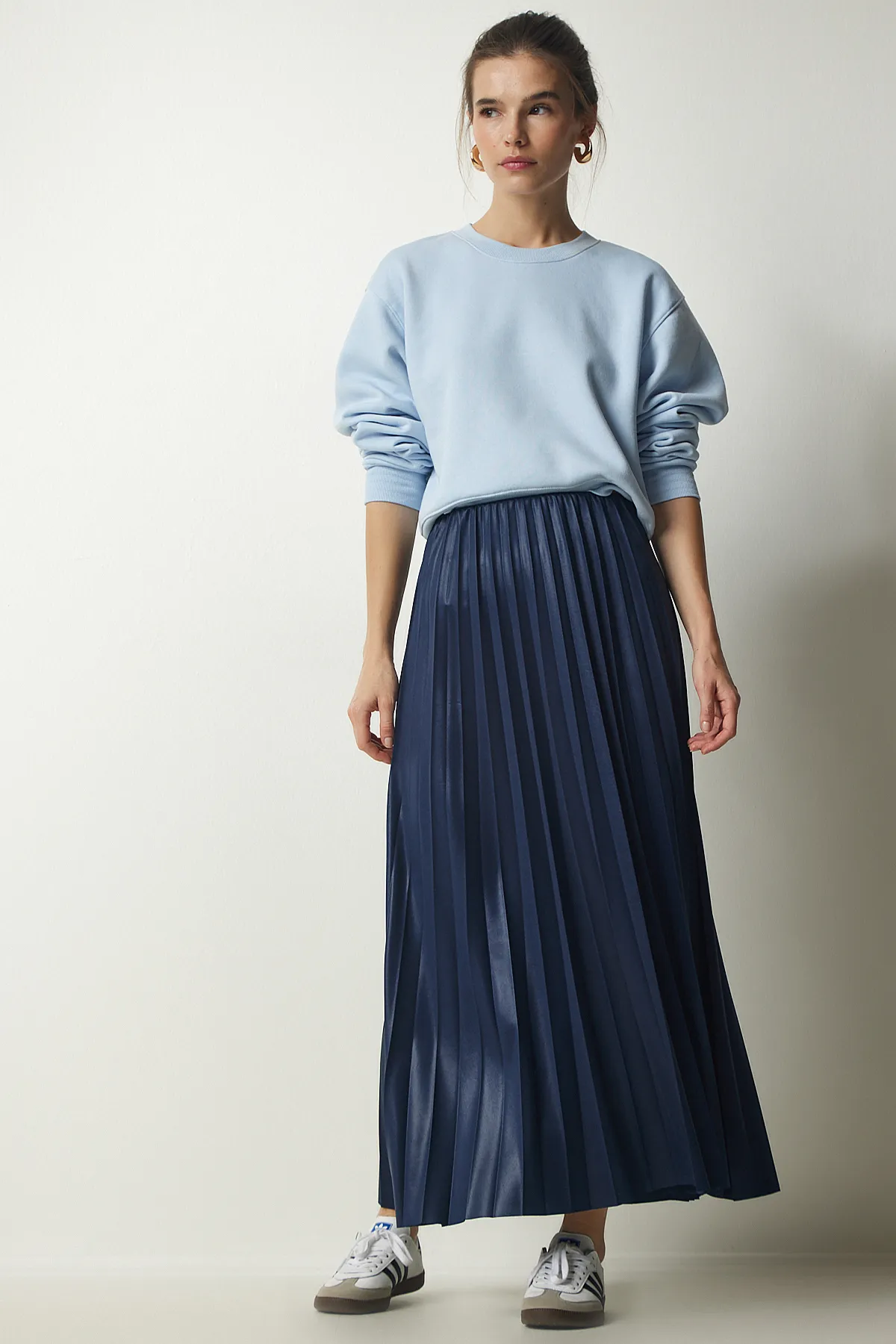 Happiness İstanbul  Marineblauer, langer Plisseerock für Damen LJ00001