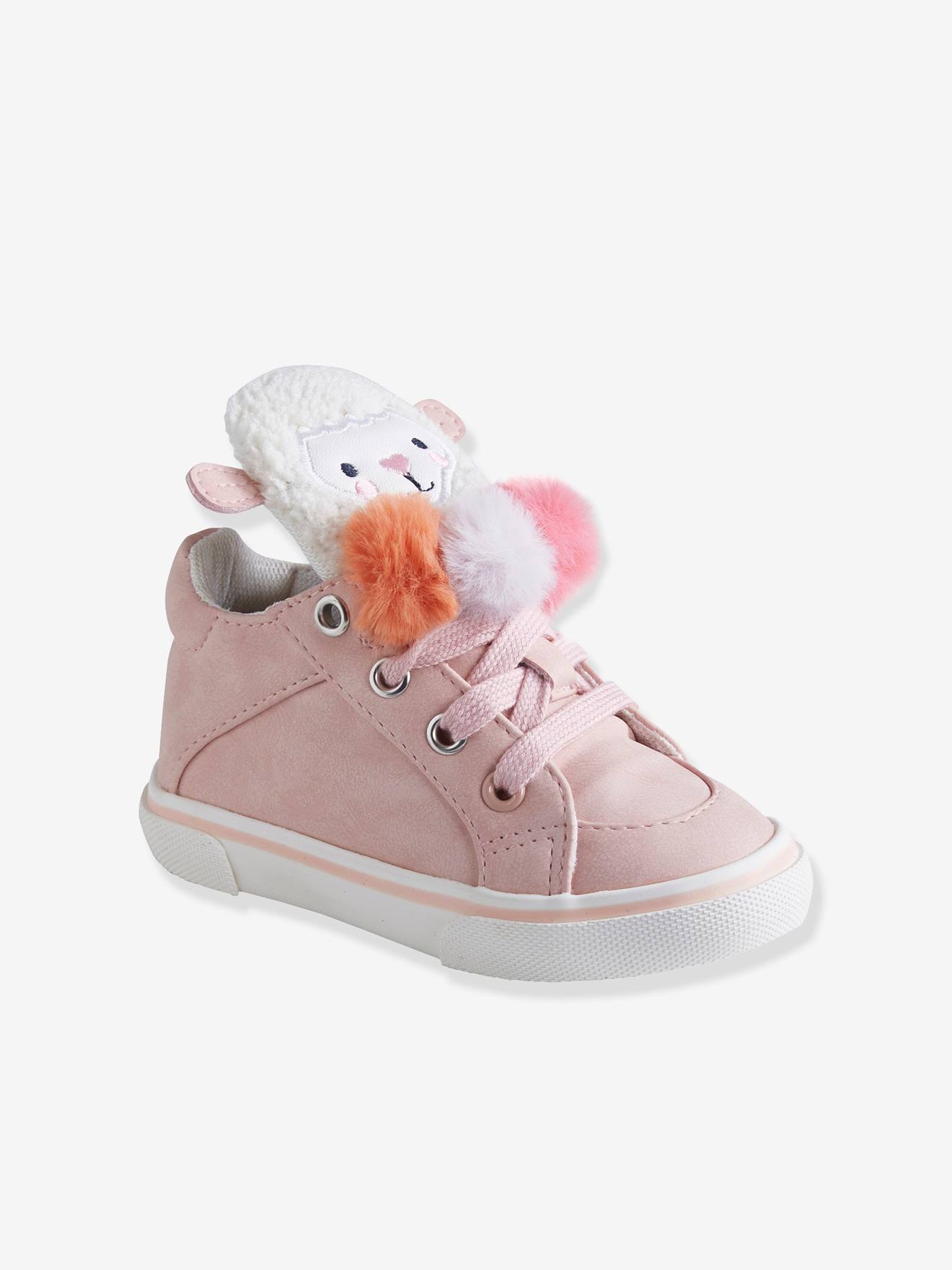 Baskets montantes bébé fille 3 pompons rose clair