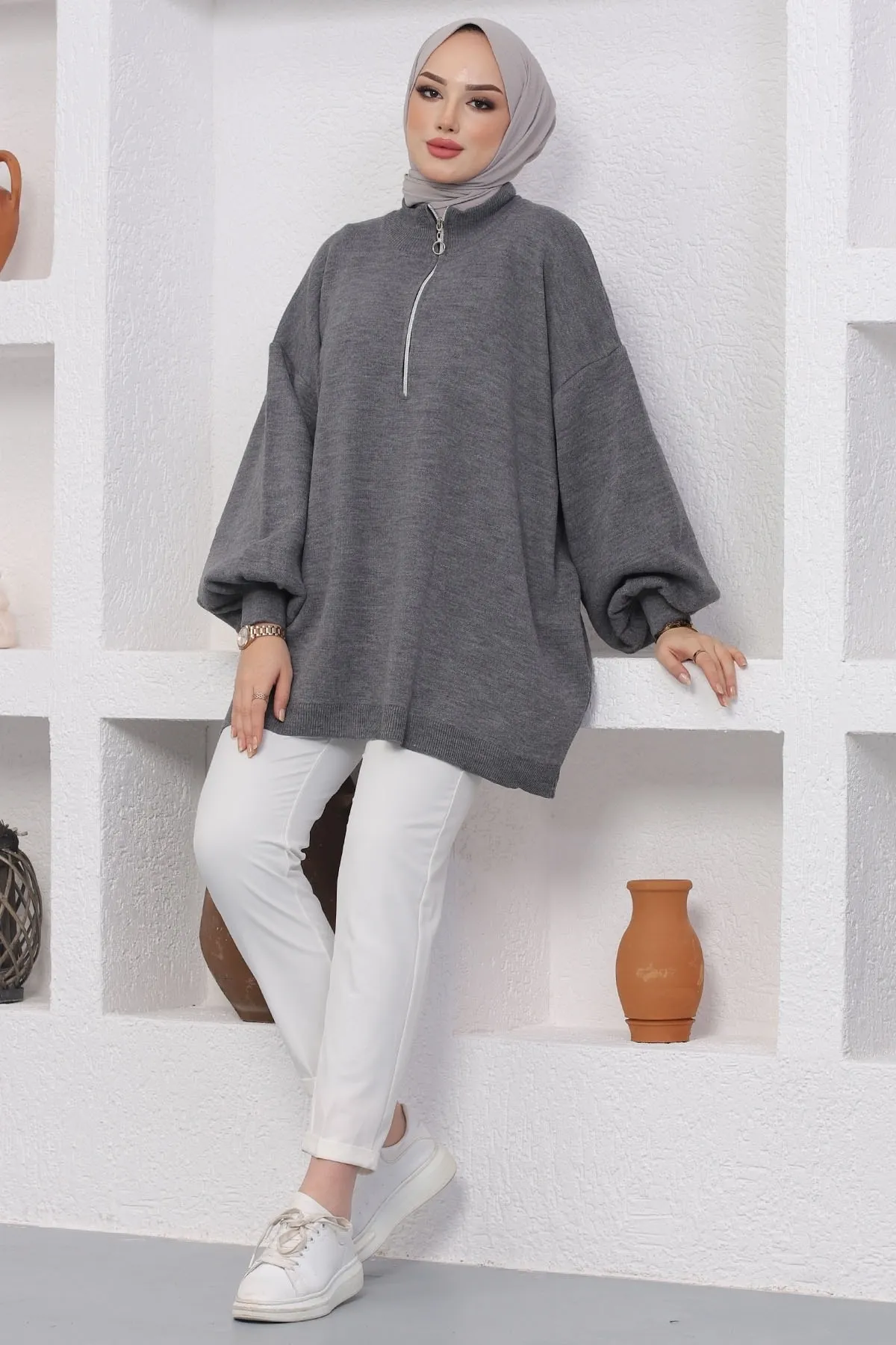 InStyle  Sara Stricktunika mit Reißverschluss – Anthrazit