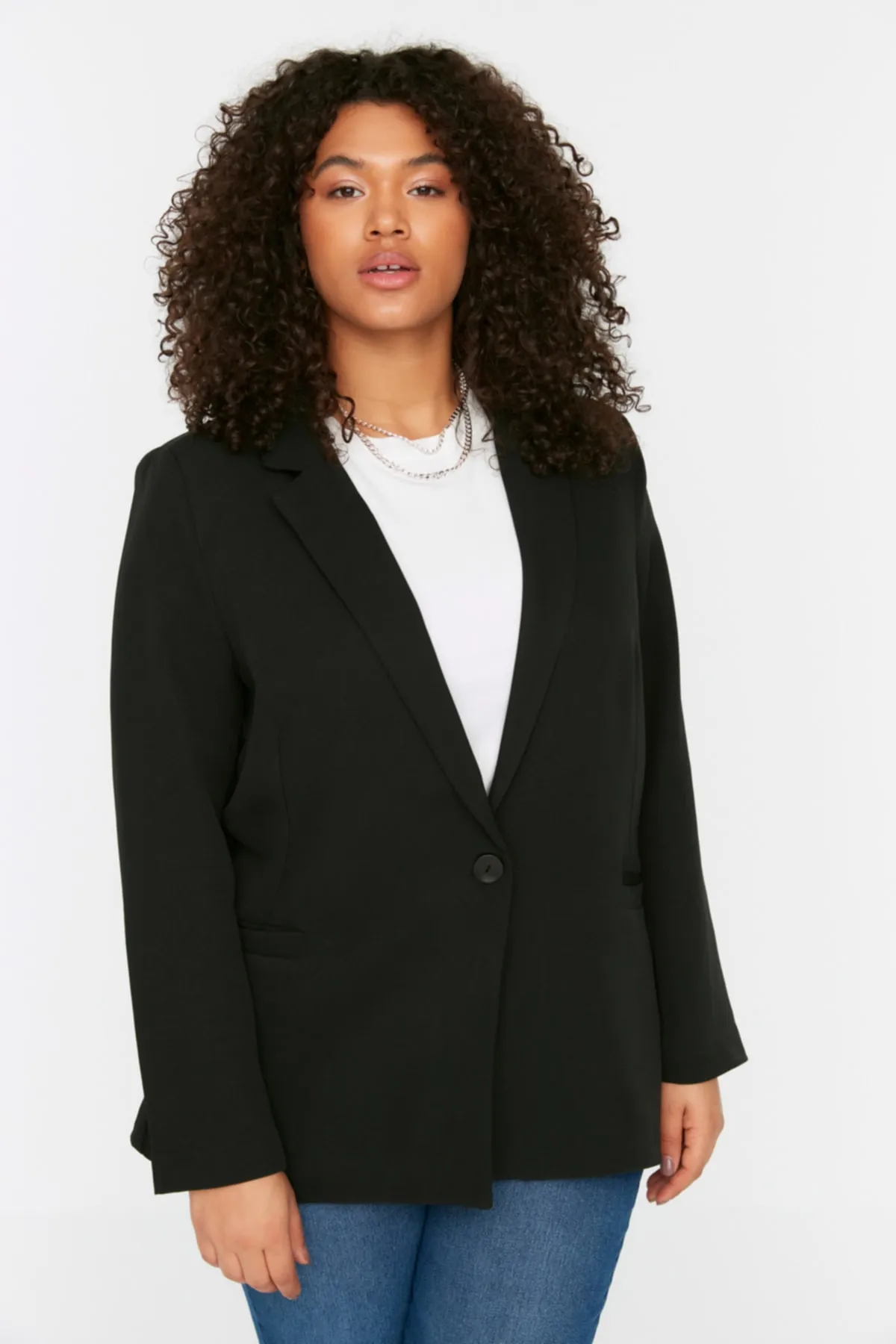 Trendyol Curve  Schwarze gewebte Blazerjacke mit Leopardenfutter TBBSS22CE0195