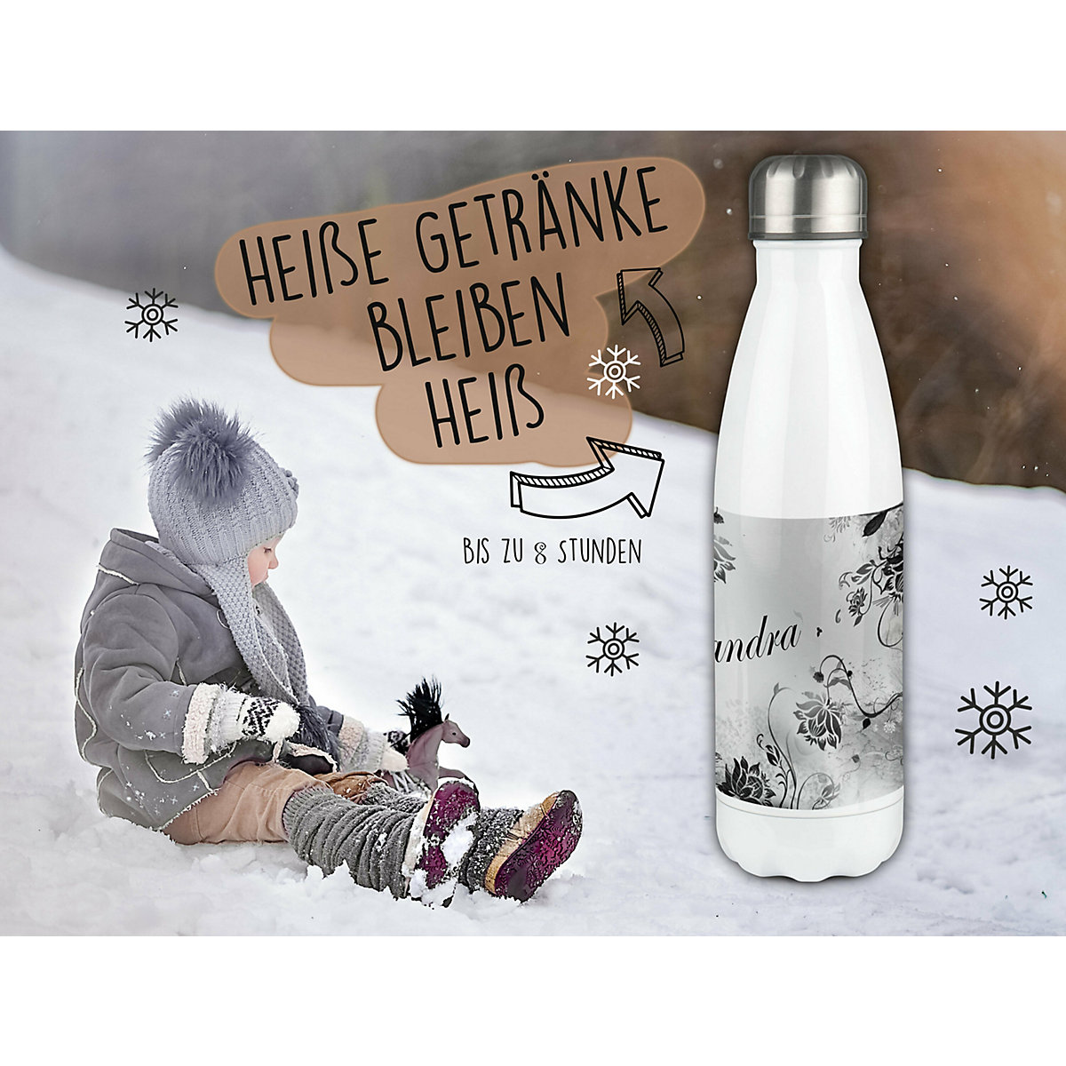 Edelstahl Kinder Thermoflasche / Trinkflasche bunt Blumenranke Farbe schwarz weiß Spülmaschinenfest, Auslaufsicher, Bruchfest, Doppelwandig, Für Heißgetränke geeignet, Mit Deckel, Isoliert