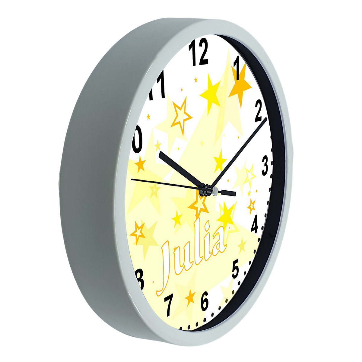Kinder Wanduhr laufruhig personalisiert mit Name Sternenhimmel Gelb