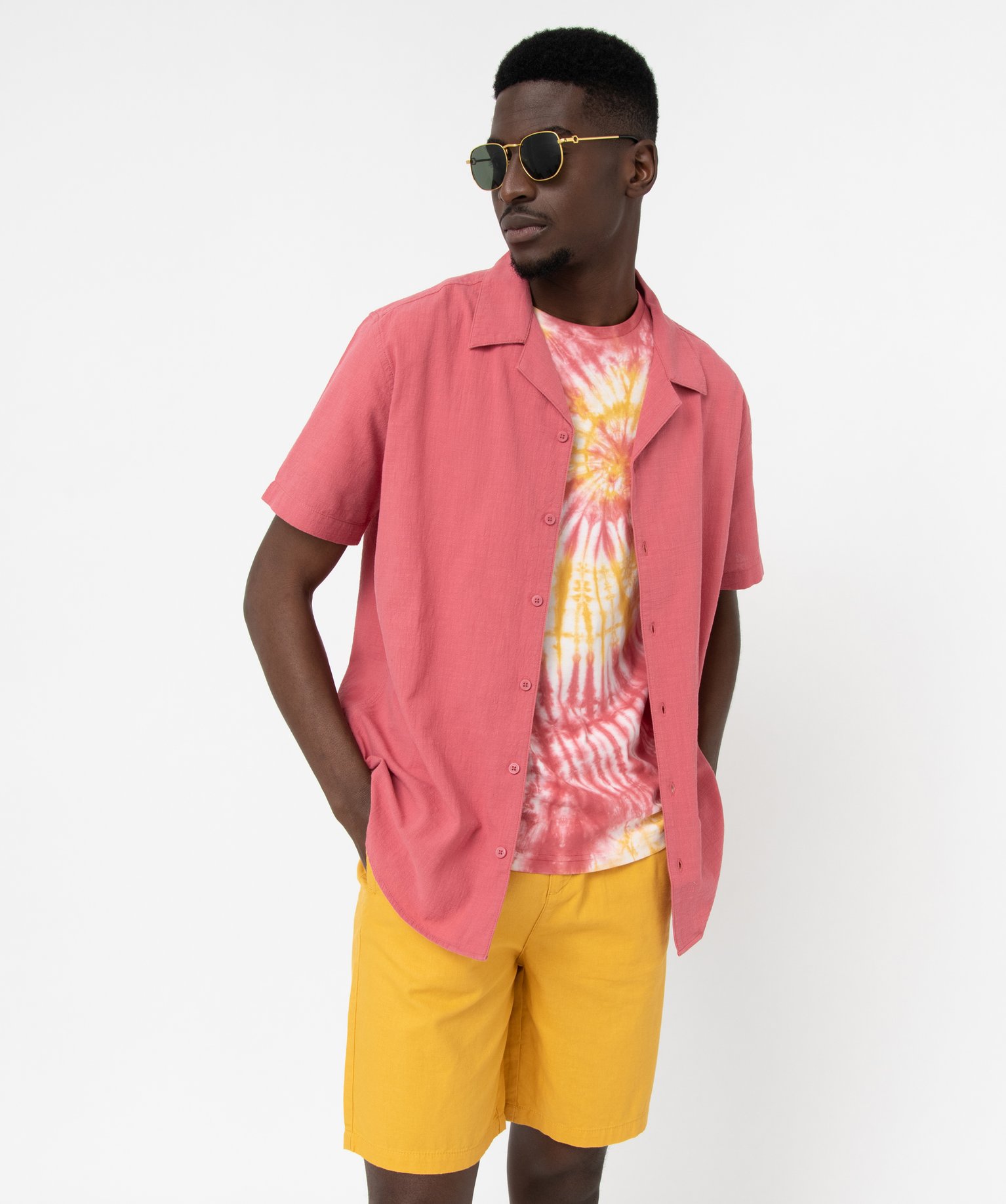 Chemise à manches courtes en coton froissé homme rose fonce | GEMO
