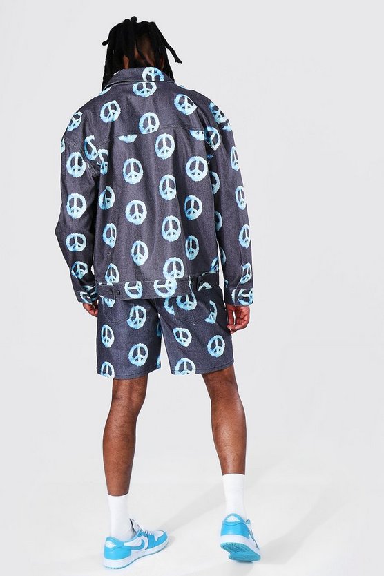 Oversize Jeansjacke mit blauen Peace-Print