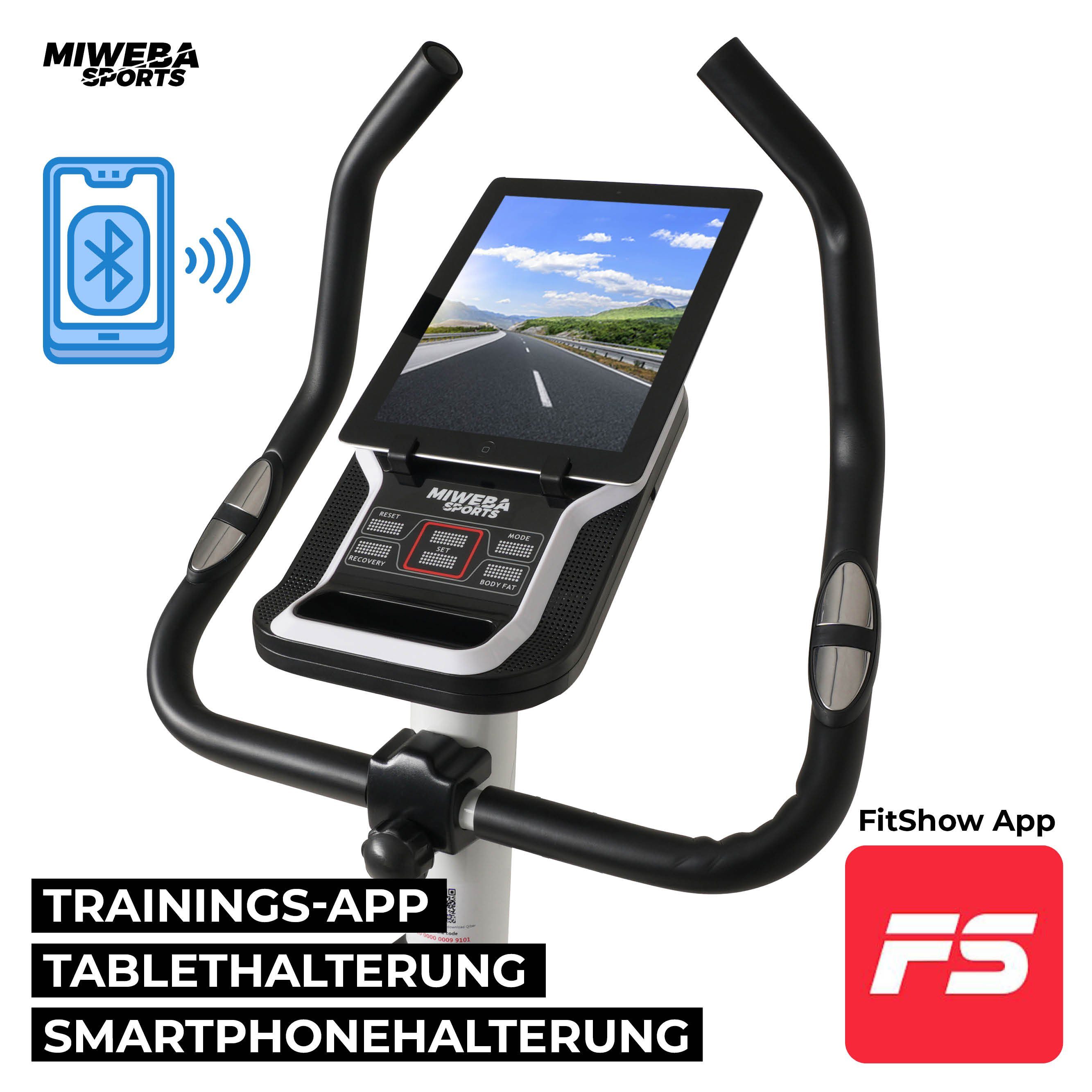 Miweba Sports Heimtrainer Profi Indoor Cycle ME400 inkl. Pulsgurt - 12 kg Schwungmasse (8 Intensitätsstufen, 150 Kg max. Belastbarkeit, Cardio, Trimmrad, Fitnessbike, Indoor Cycling, Fahrradtrainer, Trainingsgerät, 2-tlg., Fitshow App, Tablet- und Sm