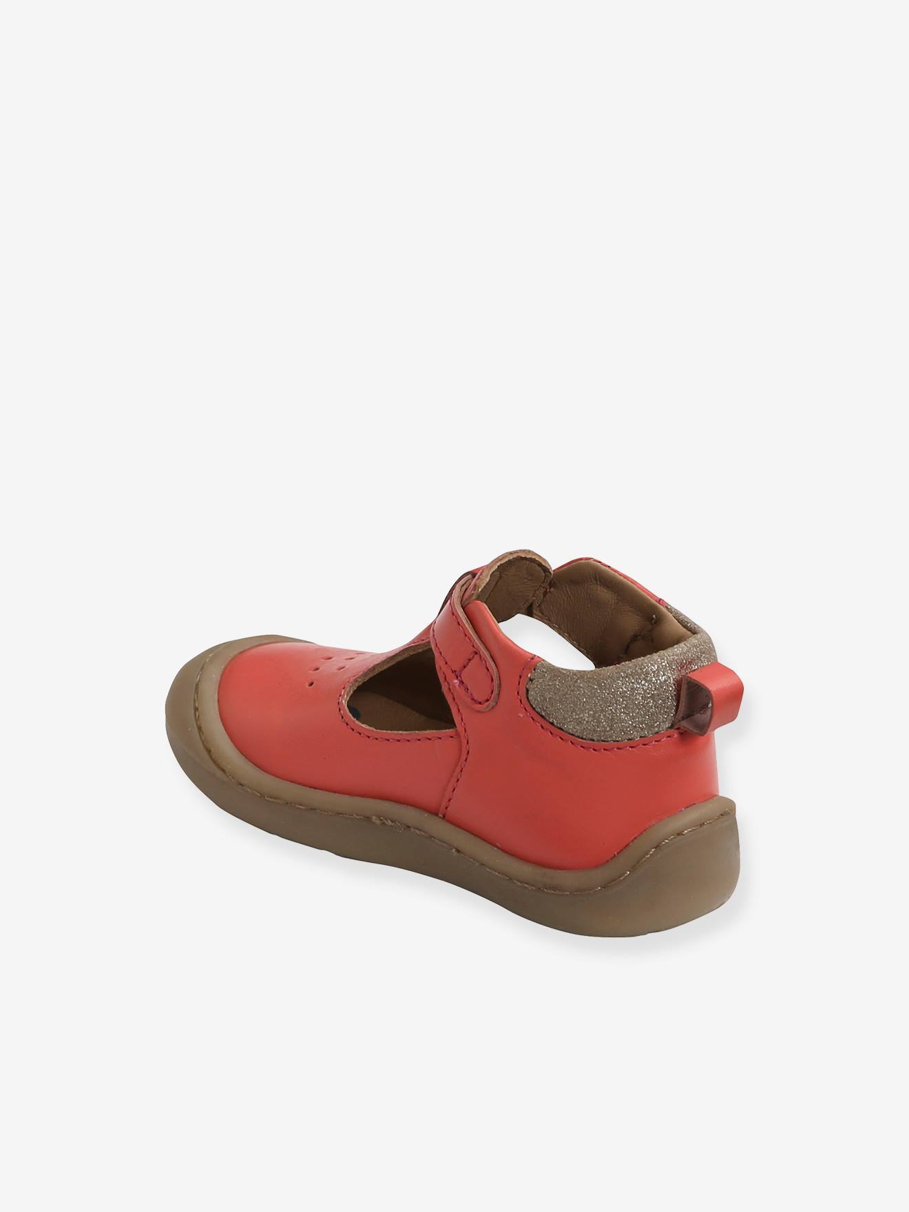 Salomés cuir souple bébé fille 4 pattes corail